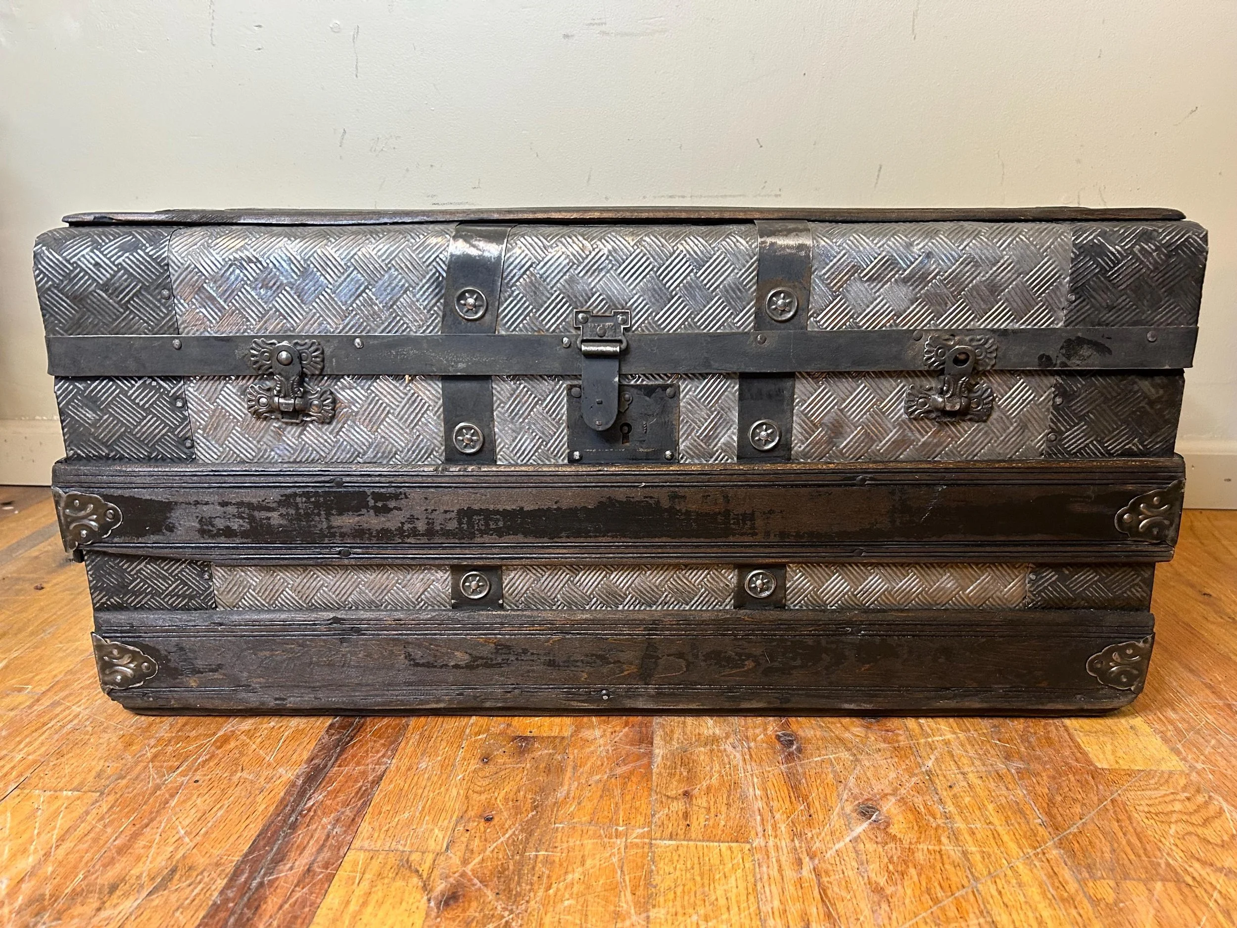 Rare Victorian youth trunk with flat top and decorative embossed tin