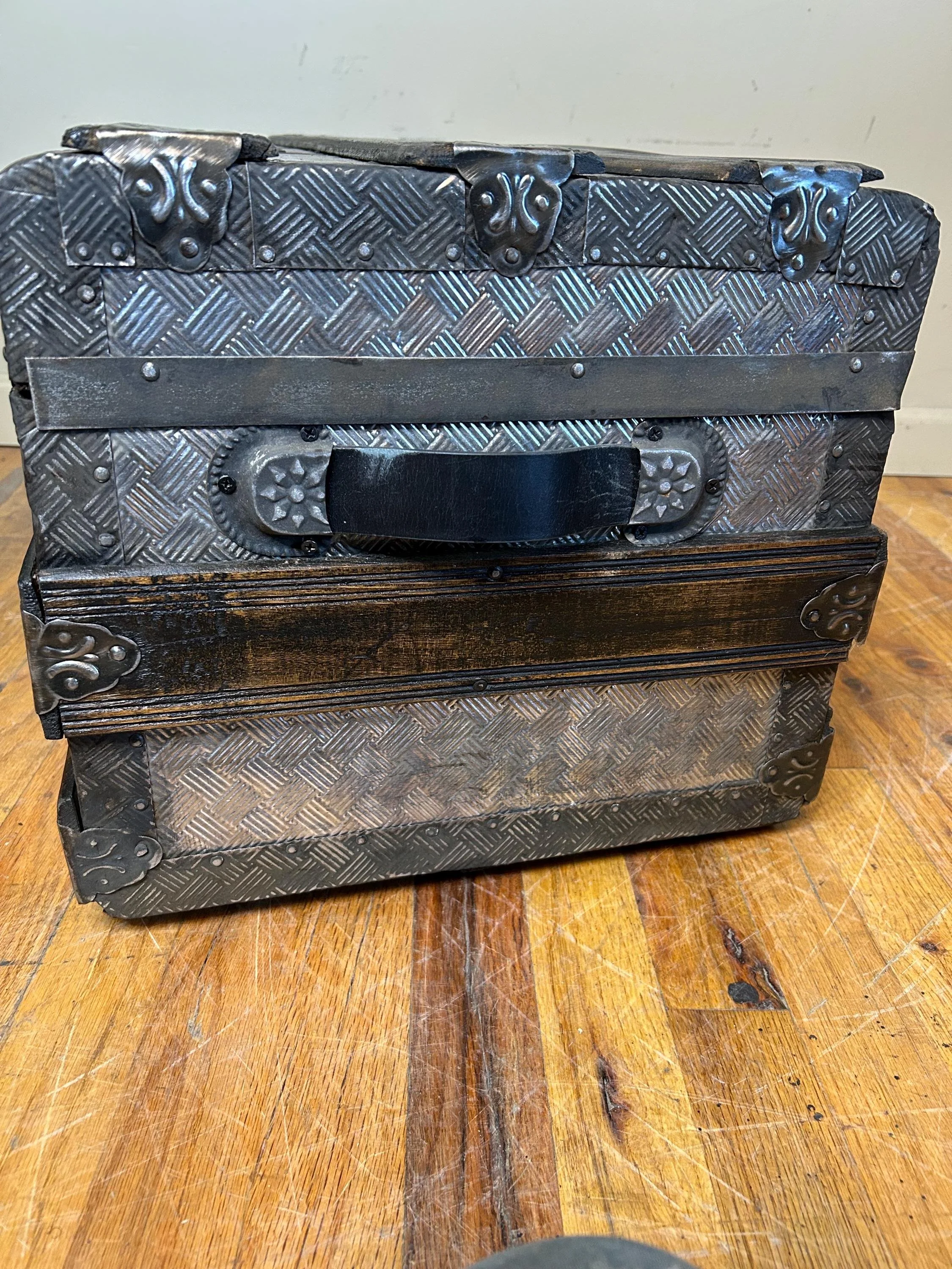 Vintage storage chest with custom black leather handles