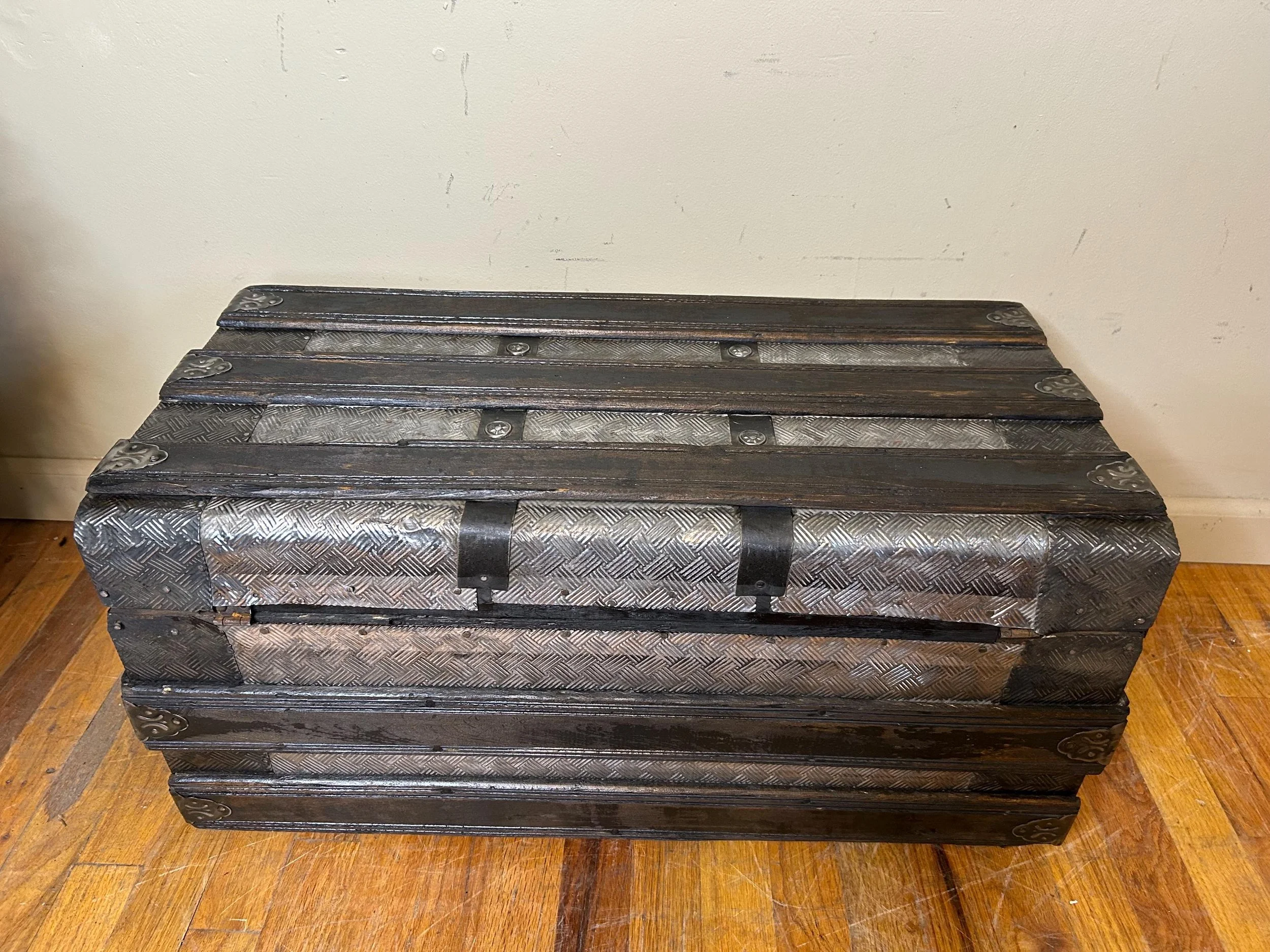 Rare small antique steamer trunk fully covered in embossed tin