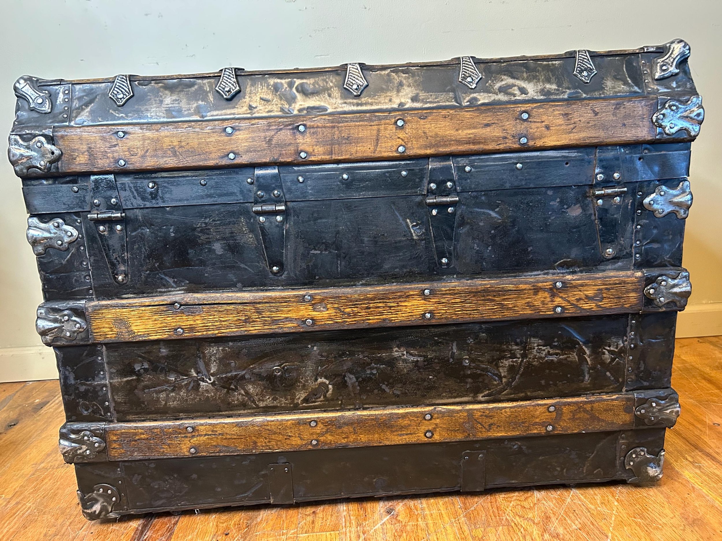 Spacious antique storage chest showing pristine clean wood surfaces.