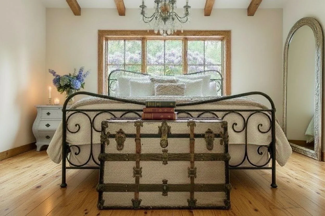 Large flat top travel chest with a metallic silver finish and original hardware.