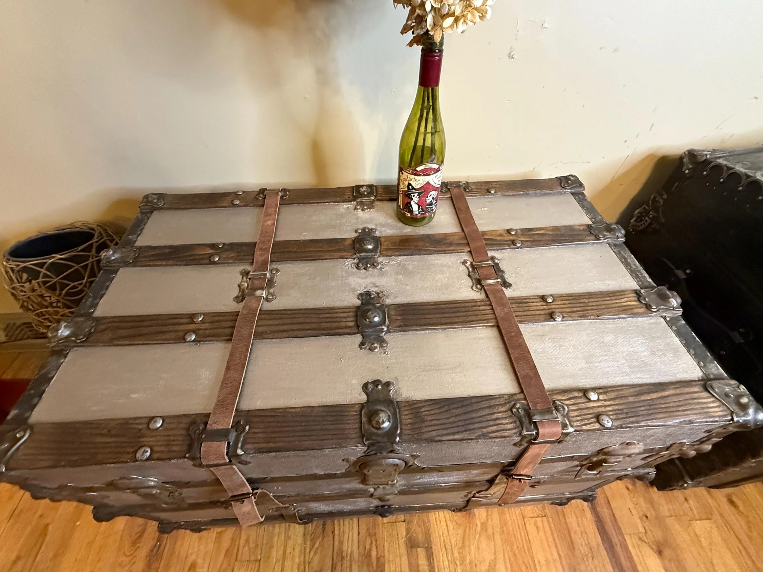 Top-down view of a flat top silver antique chest for modern living room decor.