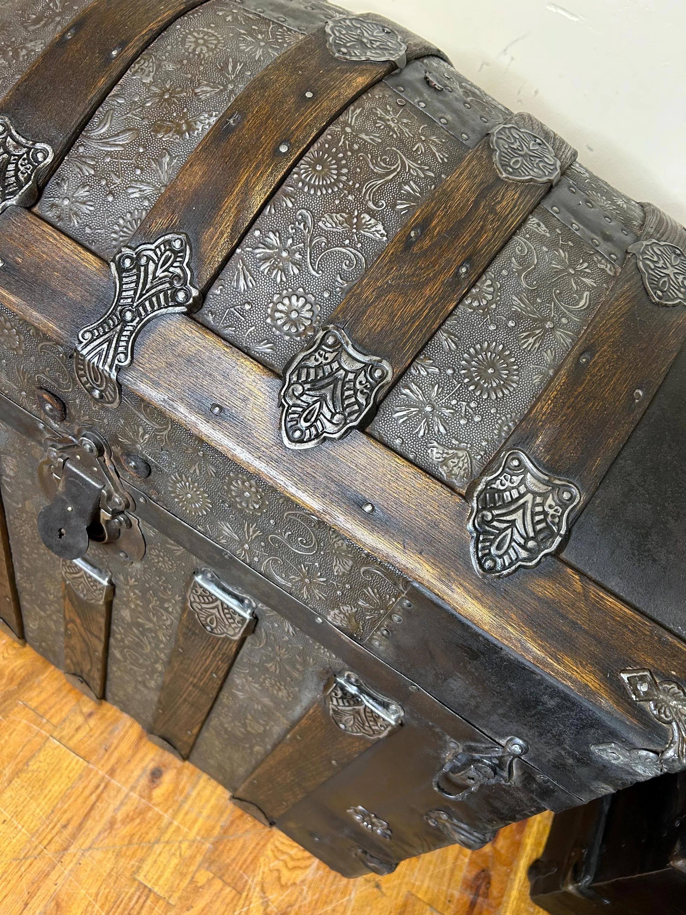 Authentic antique trunk lock and hardware hand-buffed to a brilliant shine.