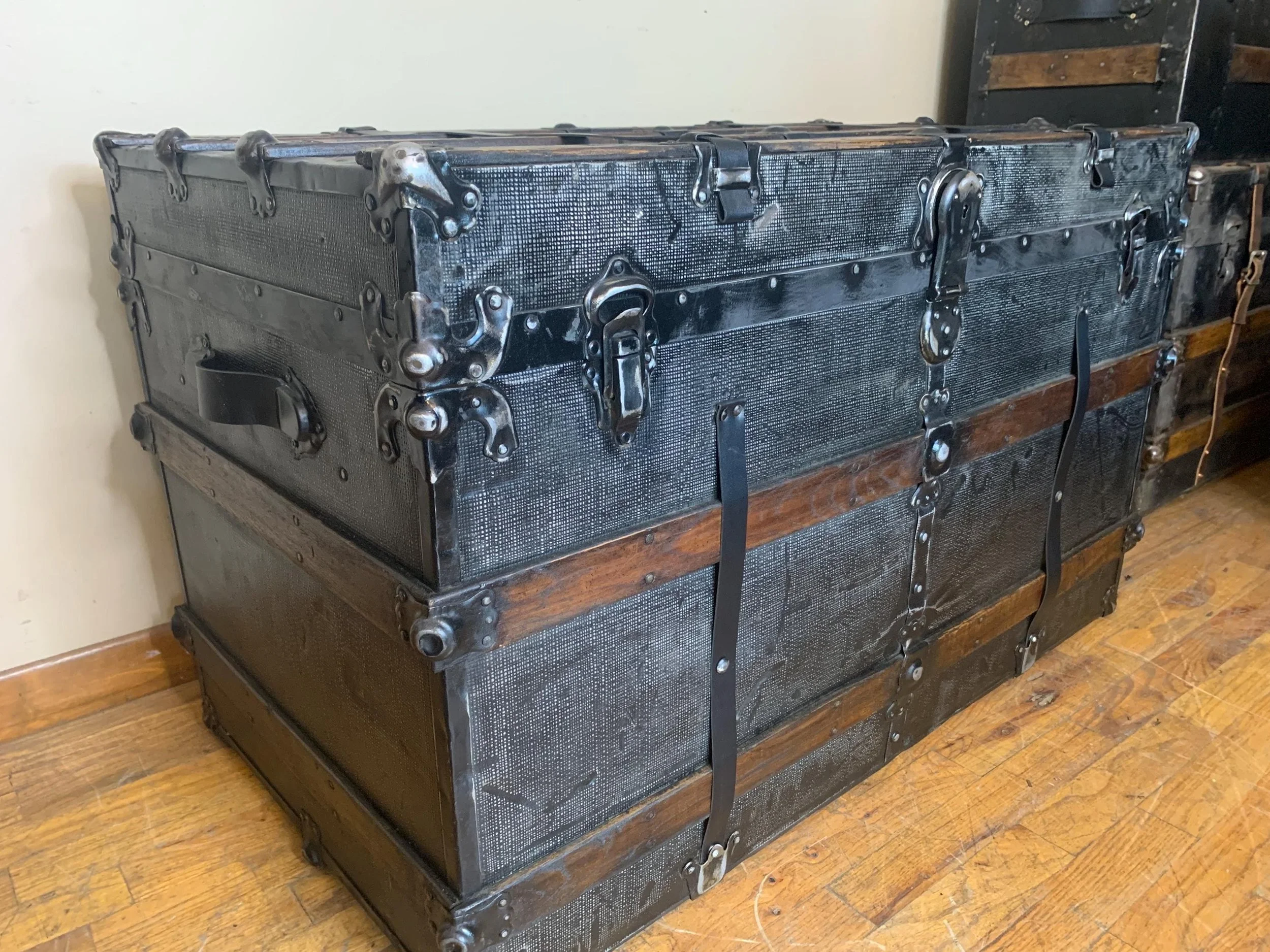 Original heavy-duty hardware and rivets hand-buffed to a brilliant shine.