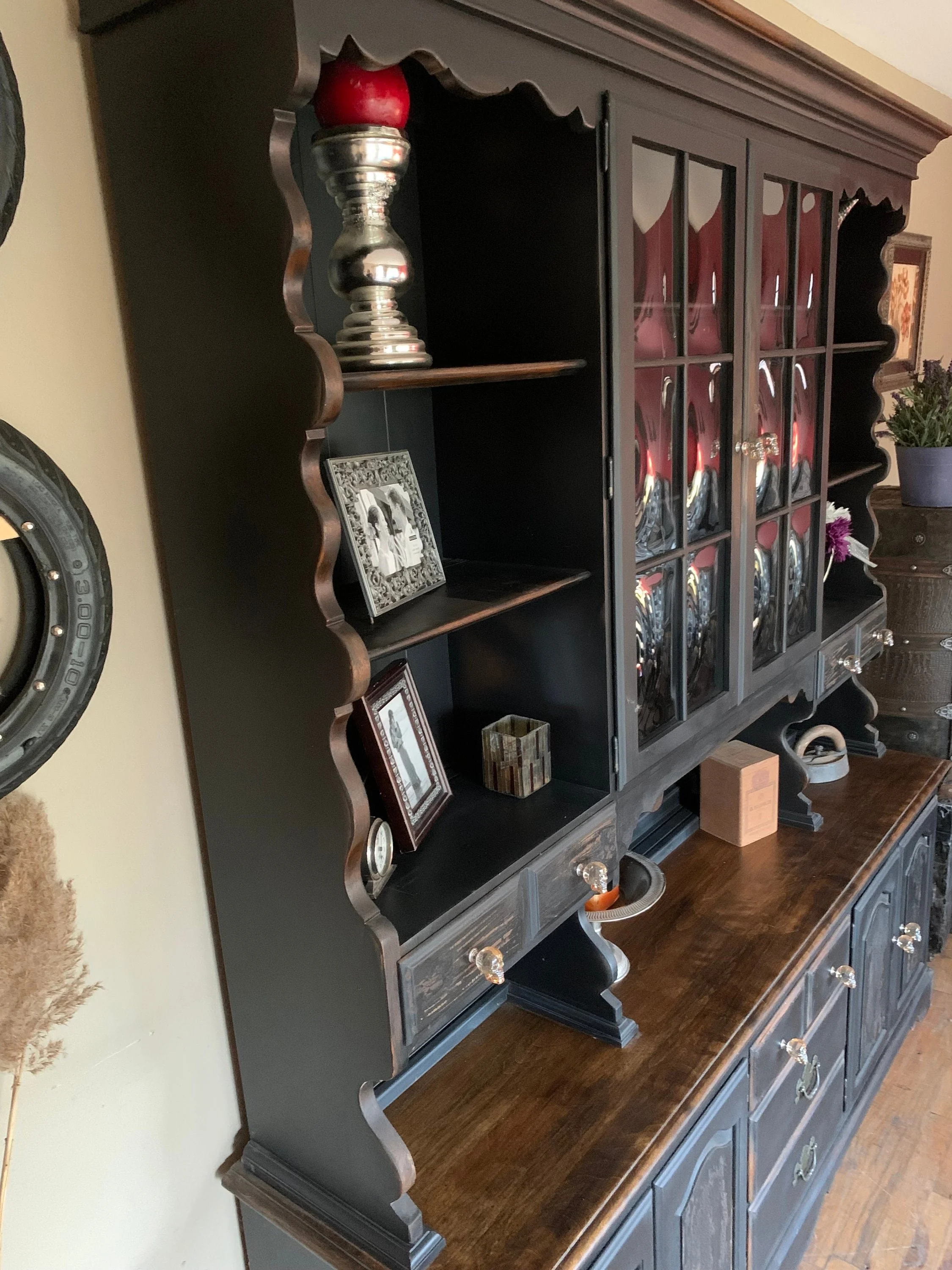 Vintage Ethan Allen black shabby chic dining hutch