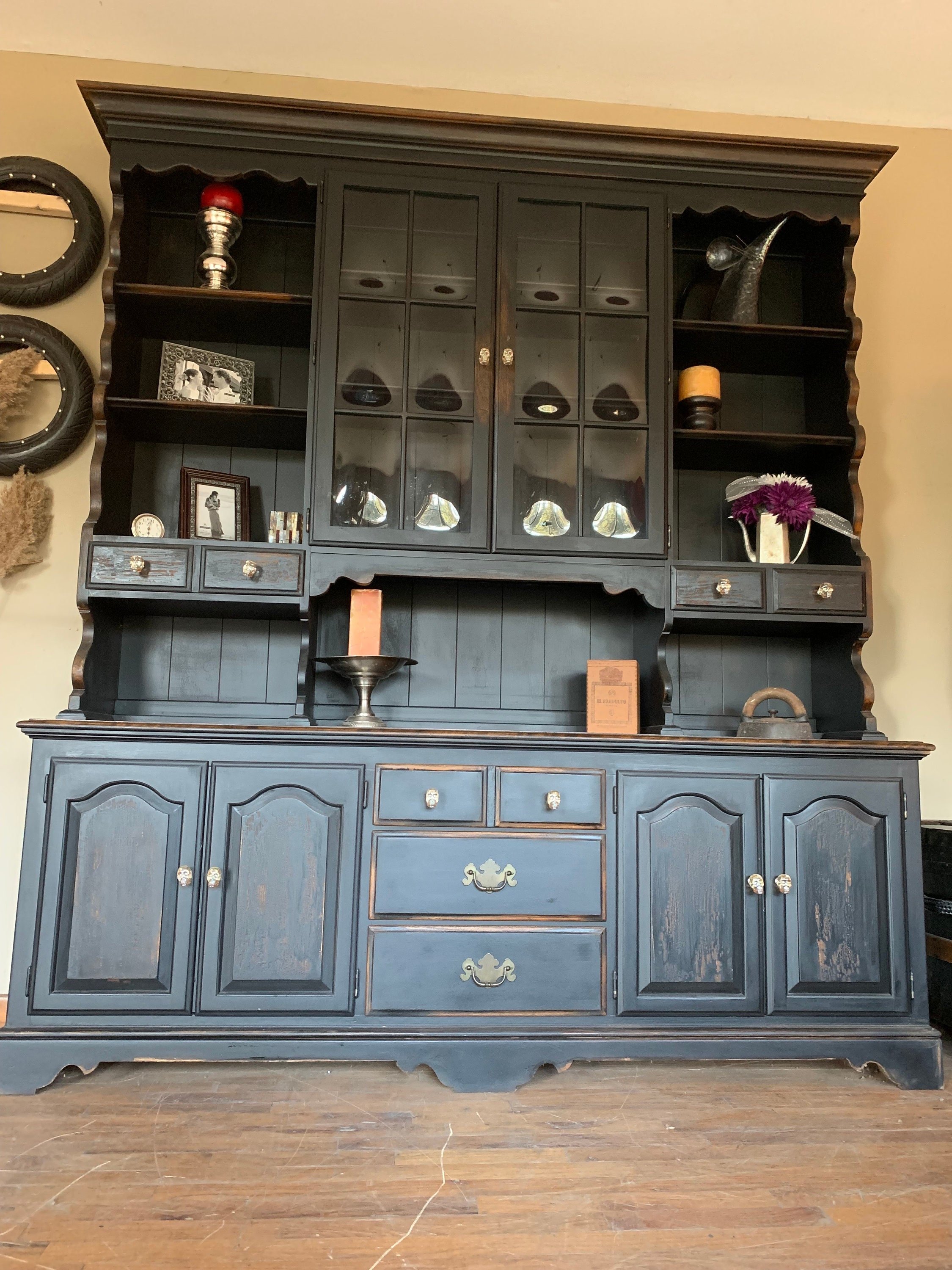 Large two-piece black buffet and hutch