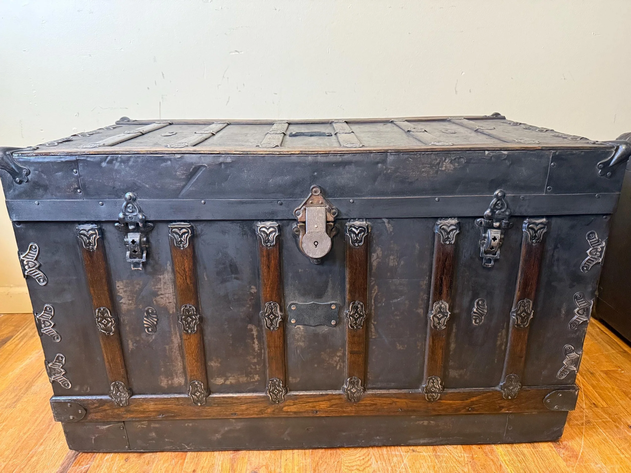 Original heavy-duty hardware and rivets hand-buffed to a brilliant shine.