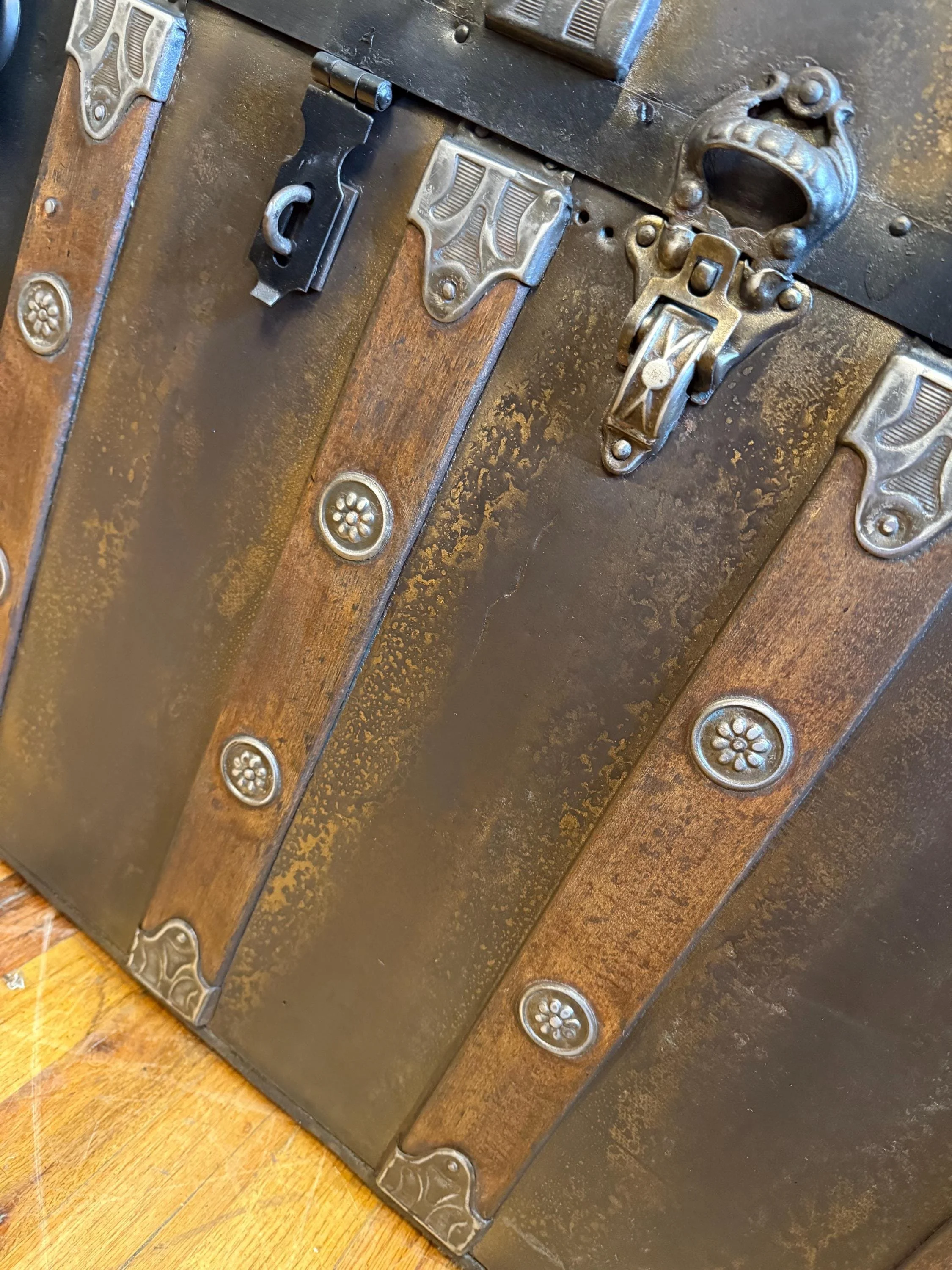 Metal clad 19th century steamer trunk exterior detail