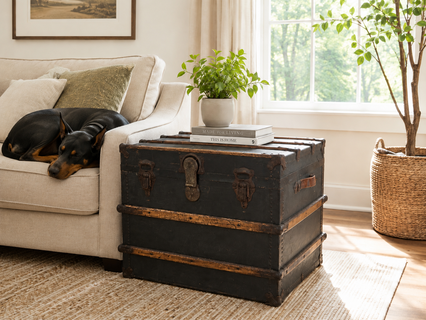 Black antique steamer trunk coffee table with original leather handles
