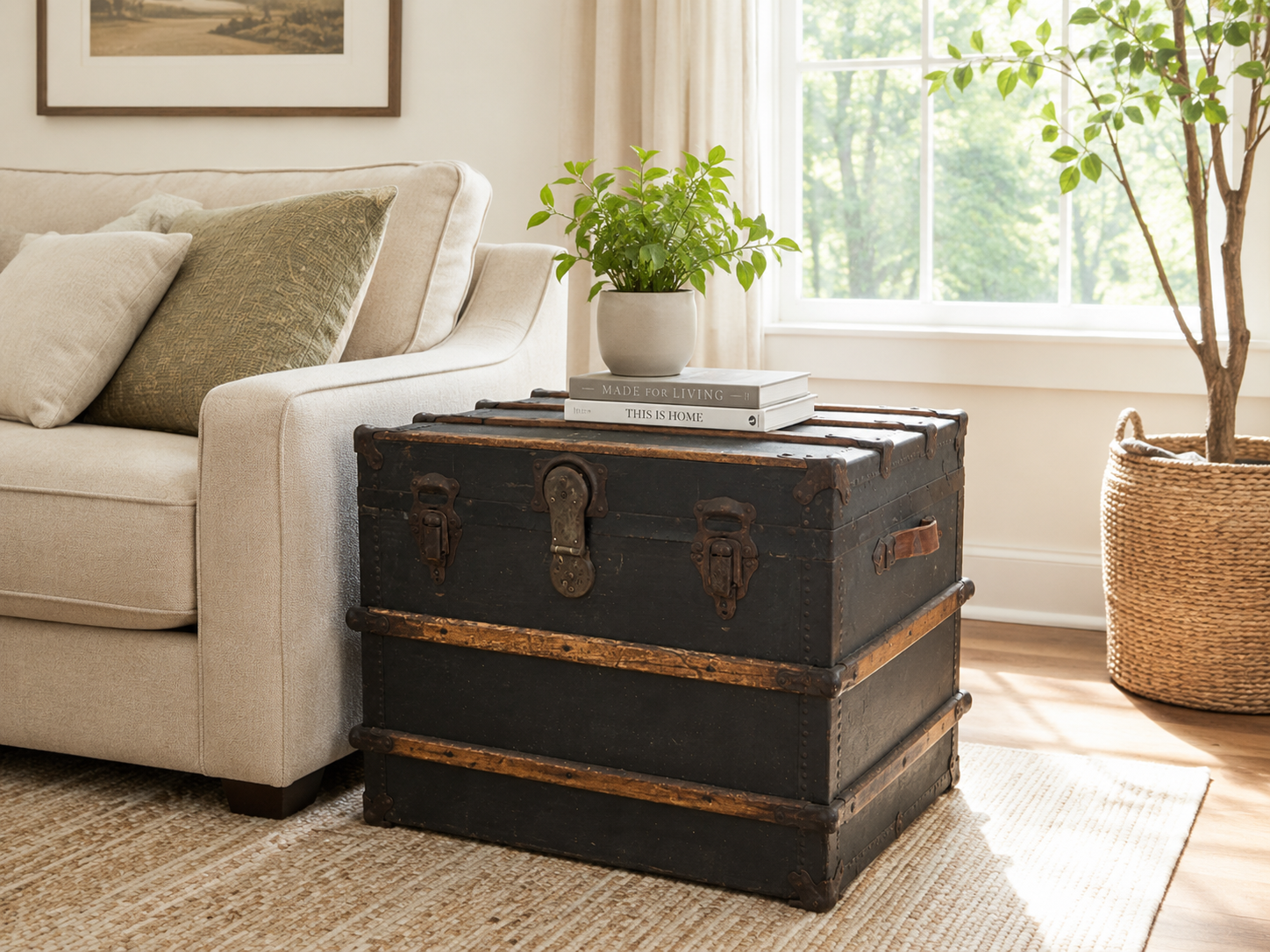 Authentic antique steamer trunk used as coffee table