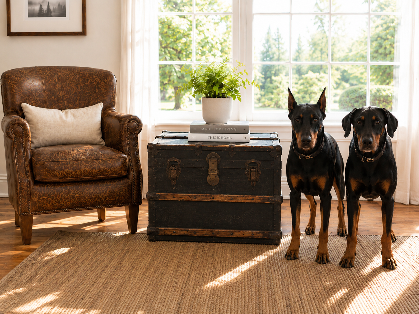 Black antique storage chest with original canvas exterior