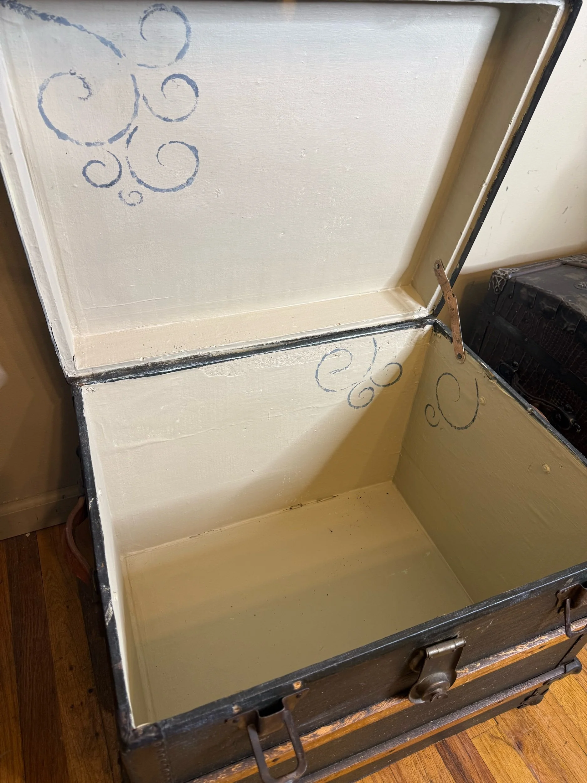 Open vintage trunk storage chest showing interior