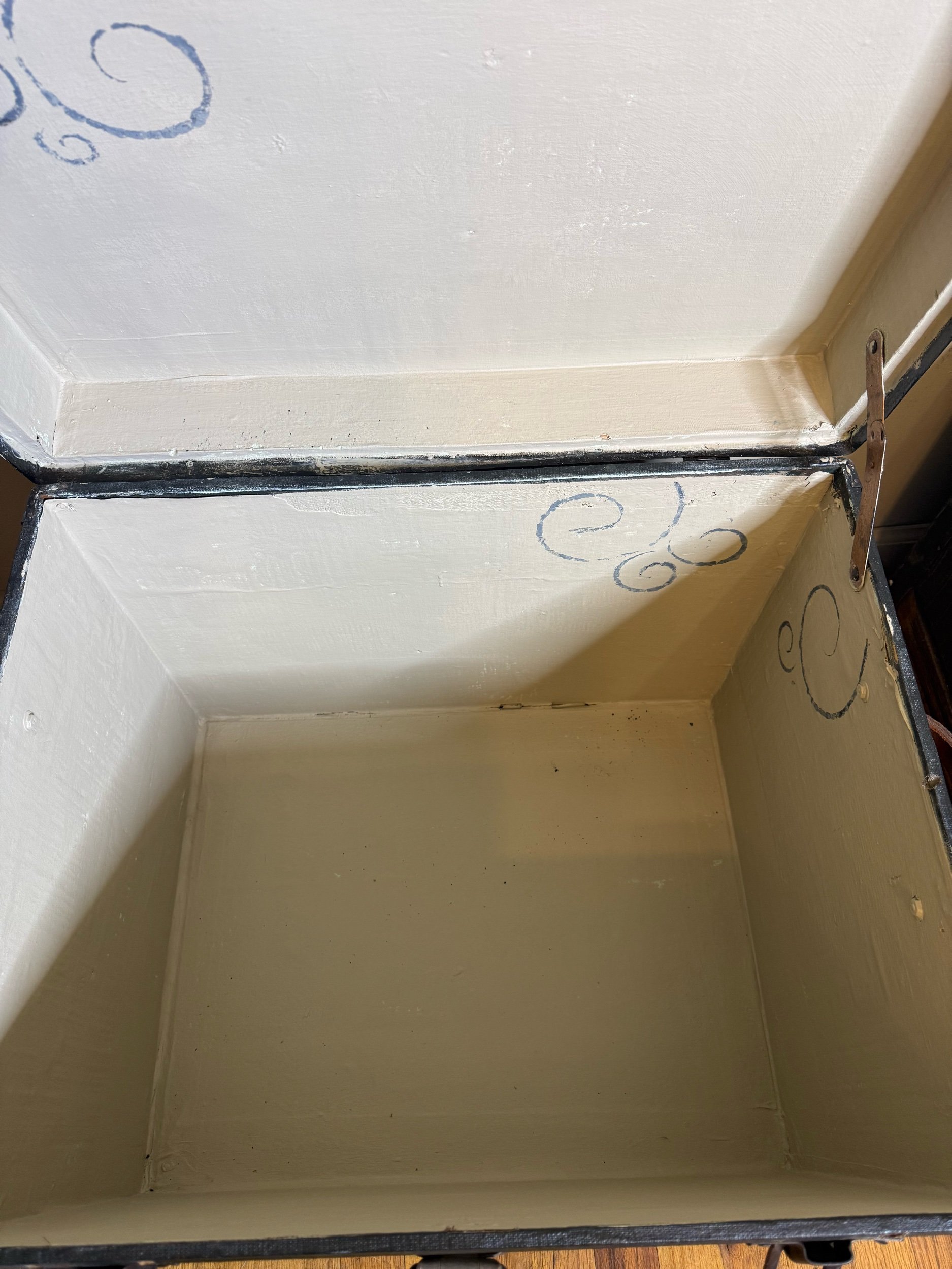 Interior of antique steamer trunk with painted canvas lining