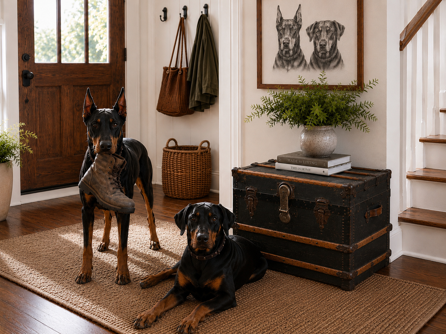 Black antique trunk coffee table in living room setting
