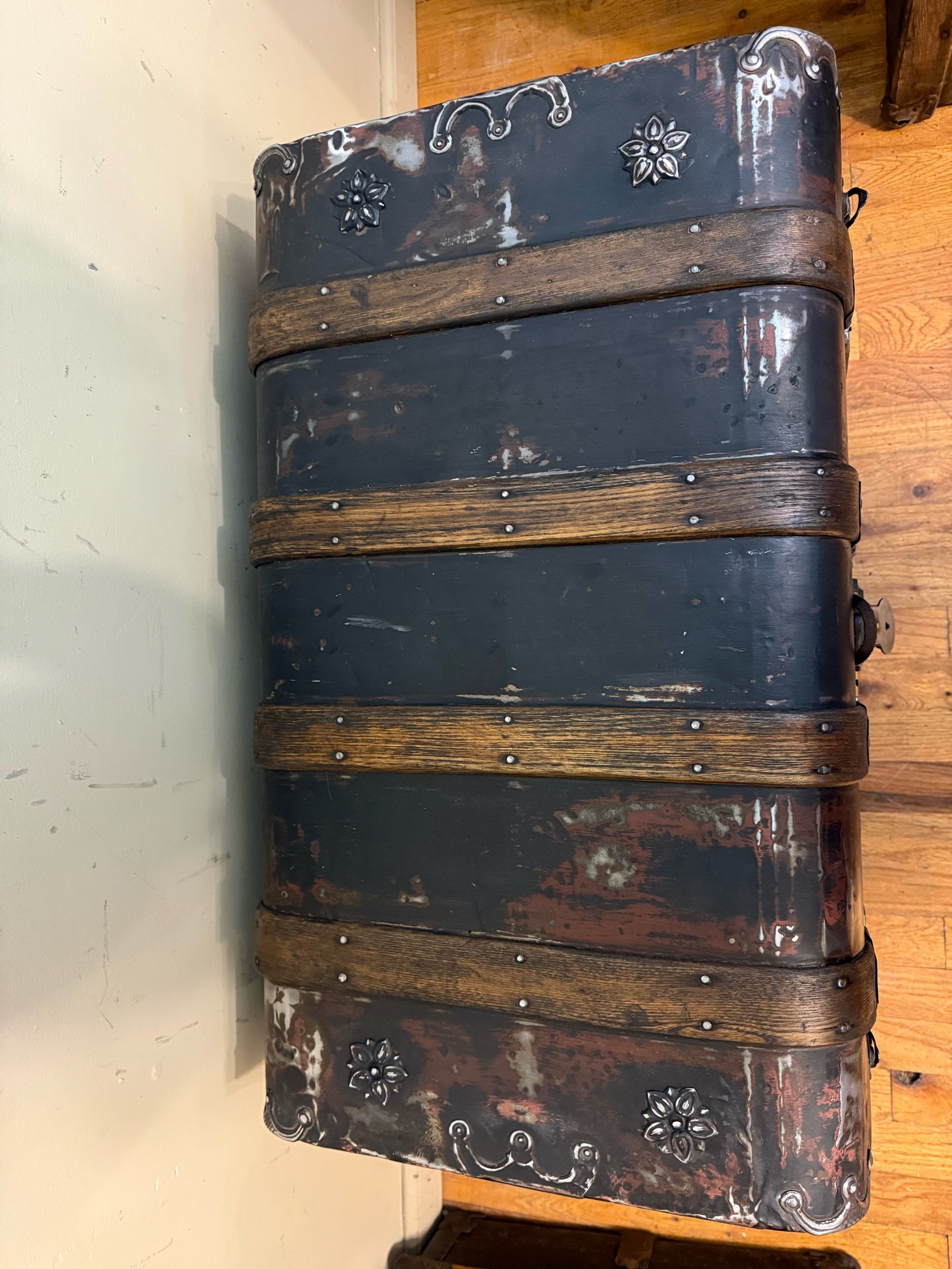 Monitor top antique trunk with walnut stained oak slats