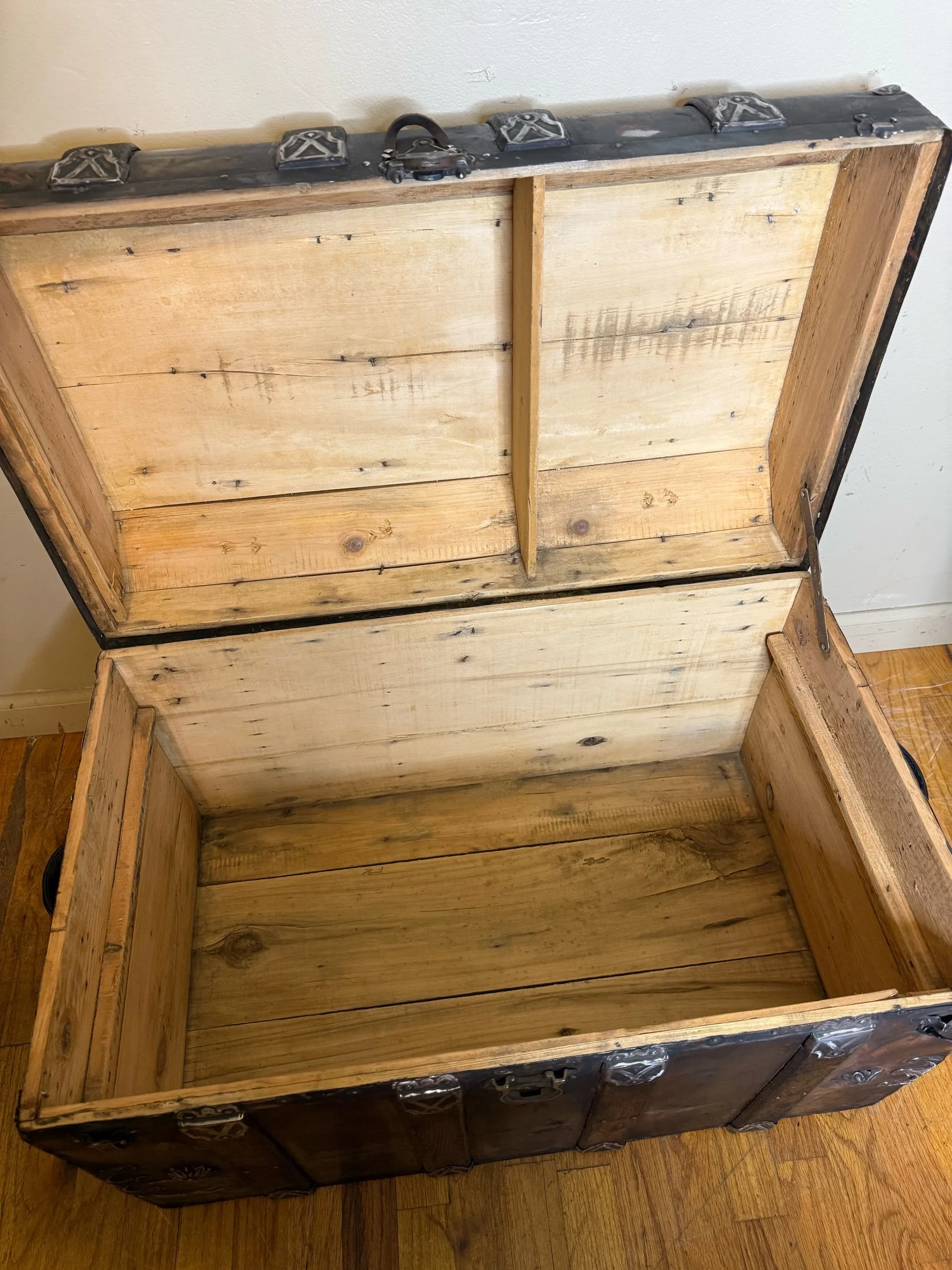 Clean sanded interior of antique monitor top storage chest