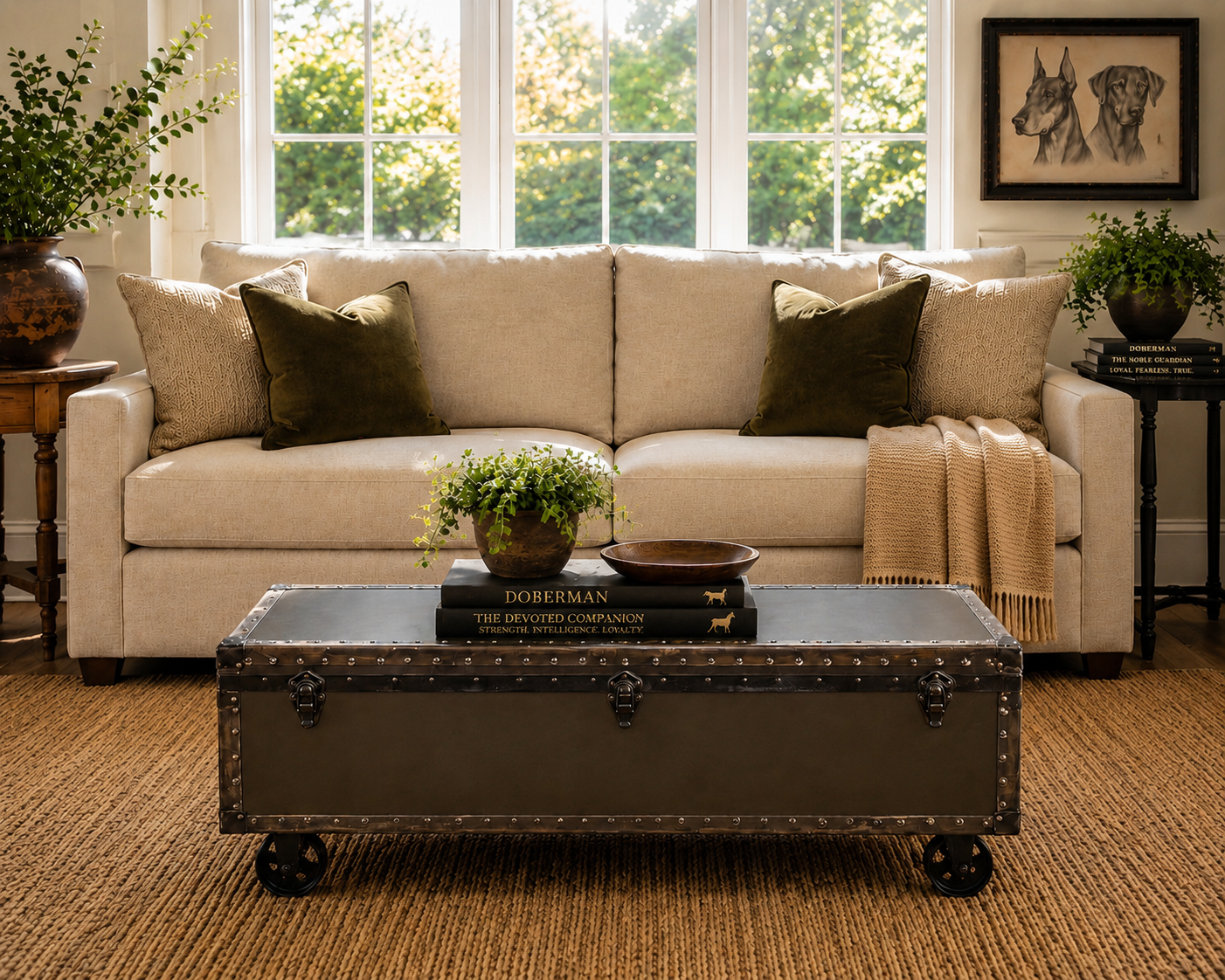 Vintage steamer trunk coffee table with leather handles and storage