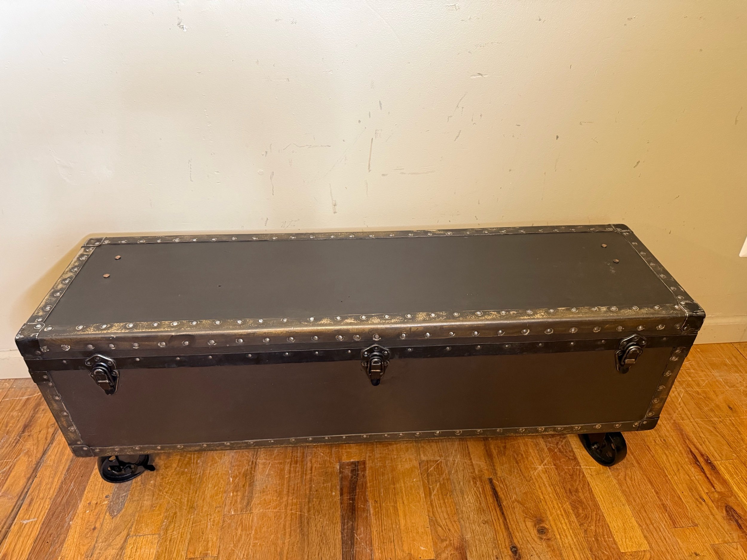 Narrow vintage trunk coffee table for small living room spaces