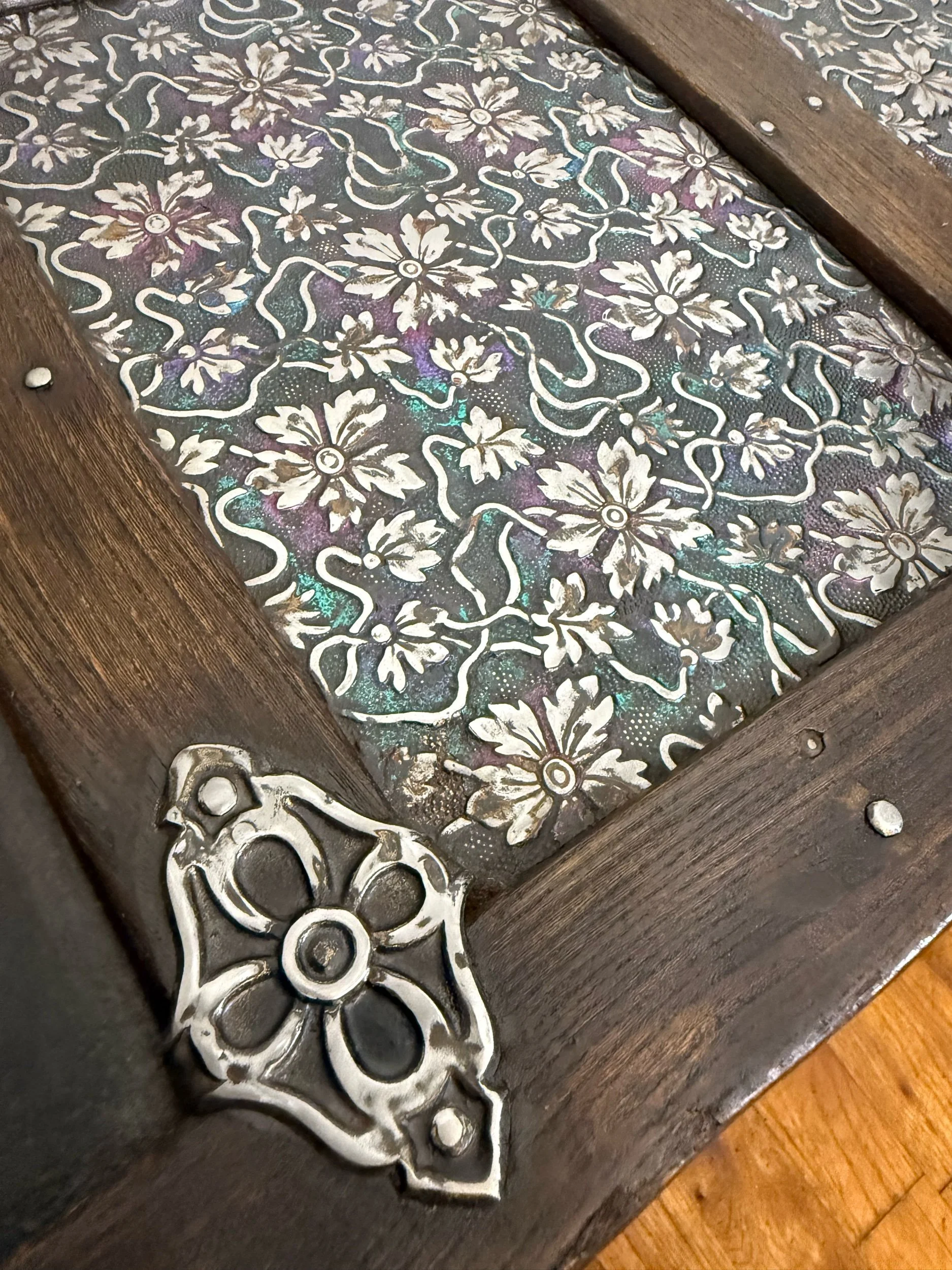 Antique coffee table trunk with walnut stained oak slats