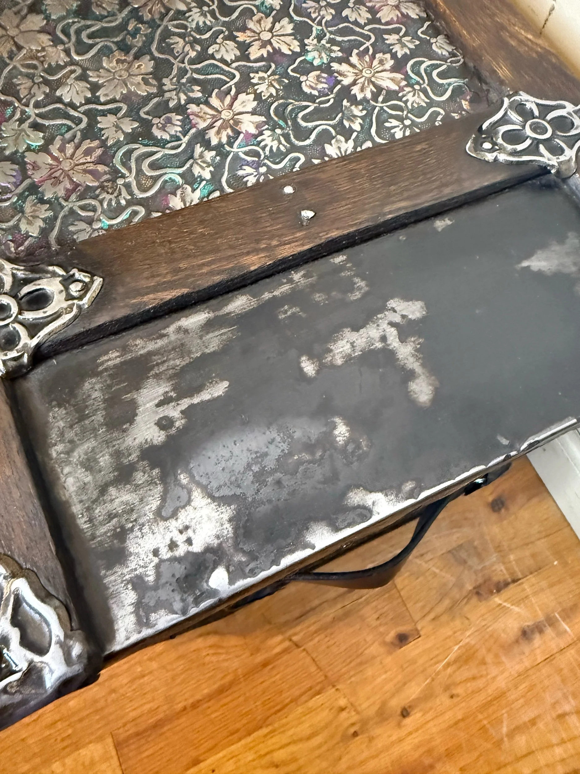 Walnut stained oak slats on Victorian antique trunk