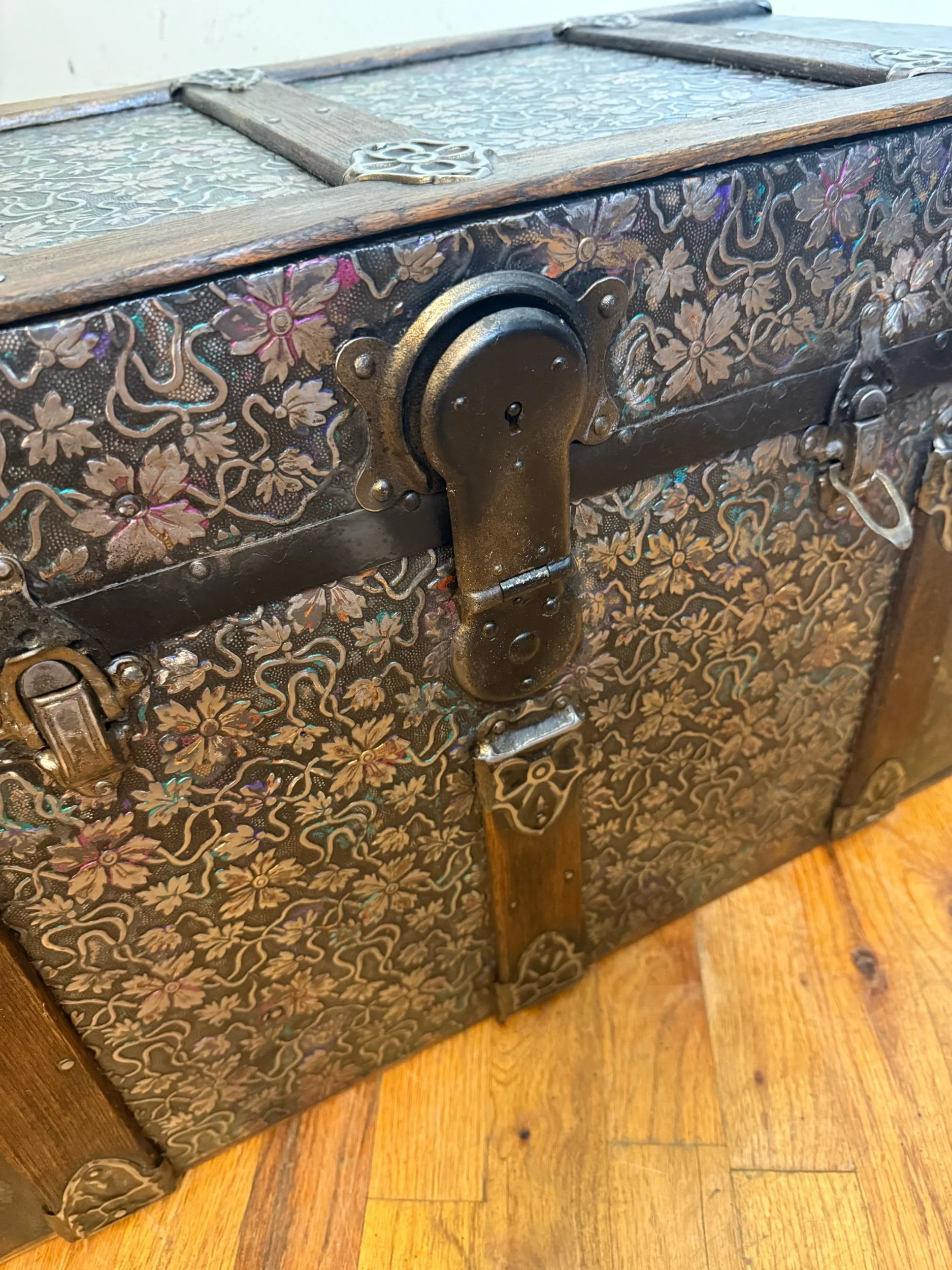 Original antique trunk hardware with restored finish