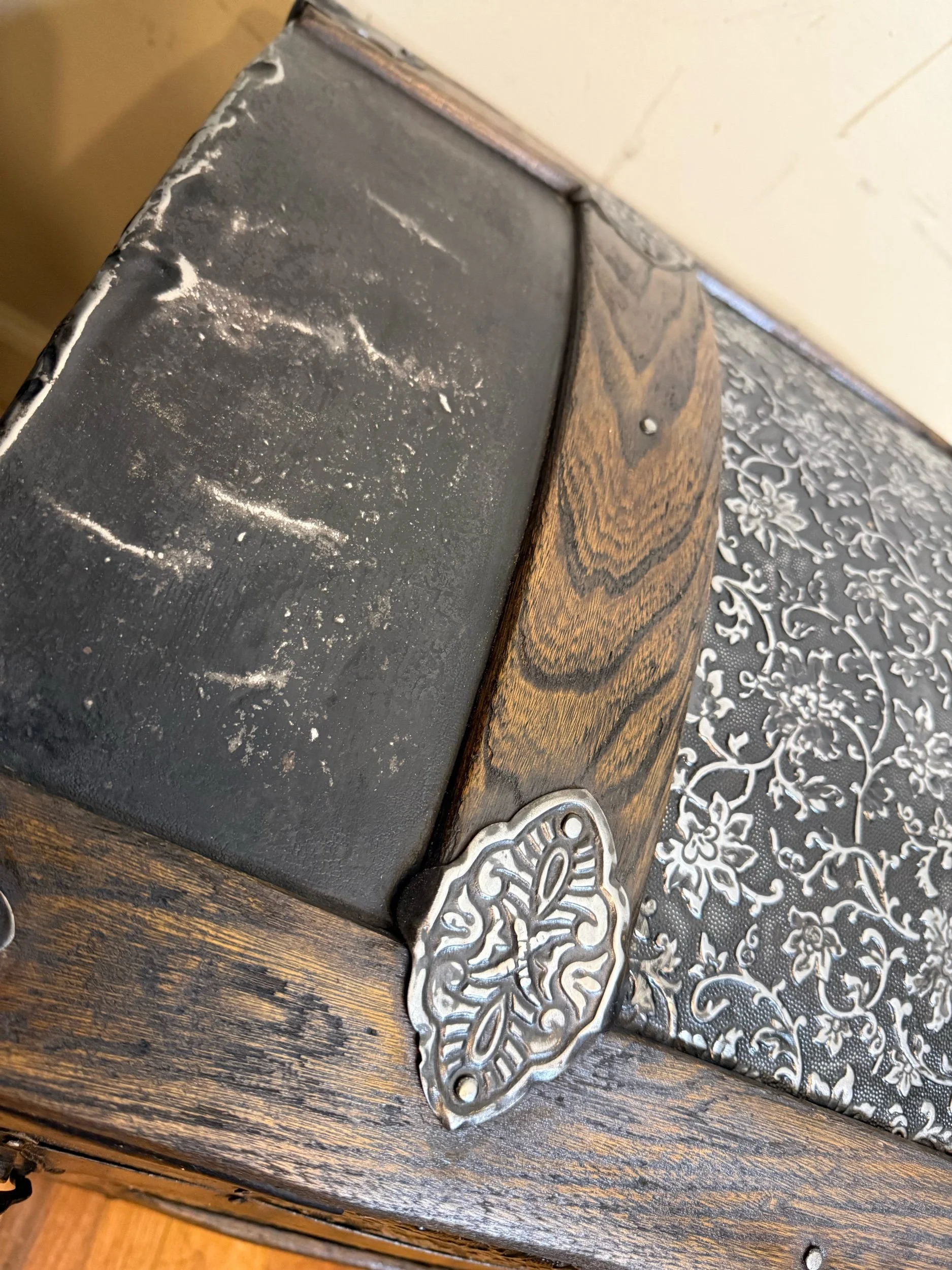 Walnut-stained oak slats on Victorian steamer trunk