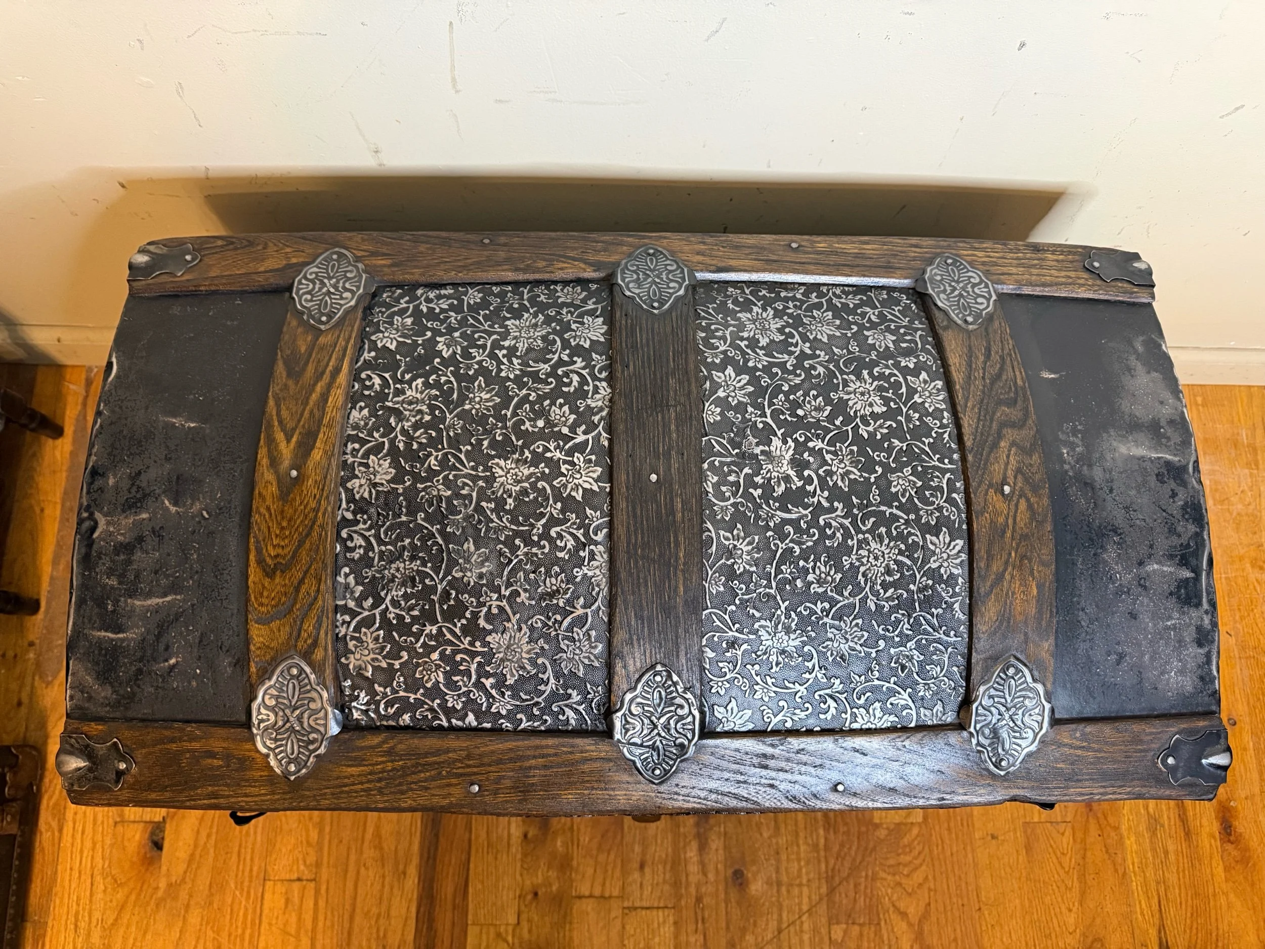 Authentic late-1800s Saratoga trunk with embossed tin panels