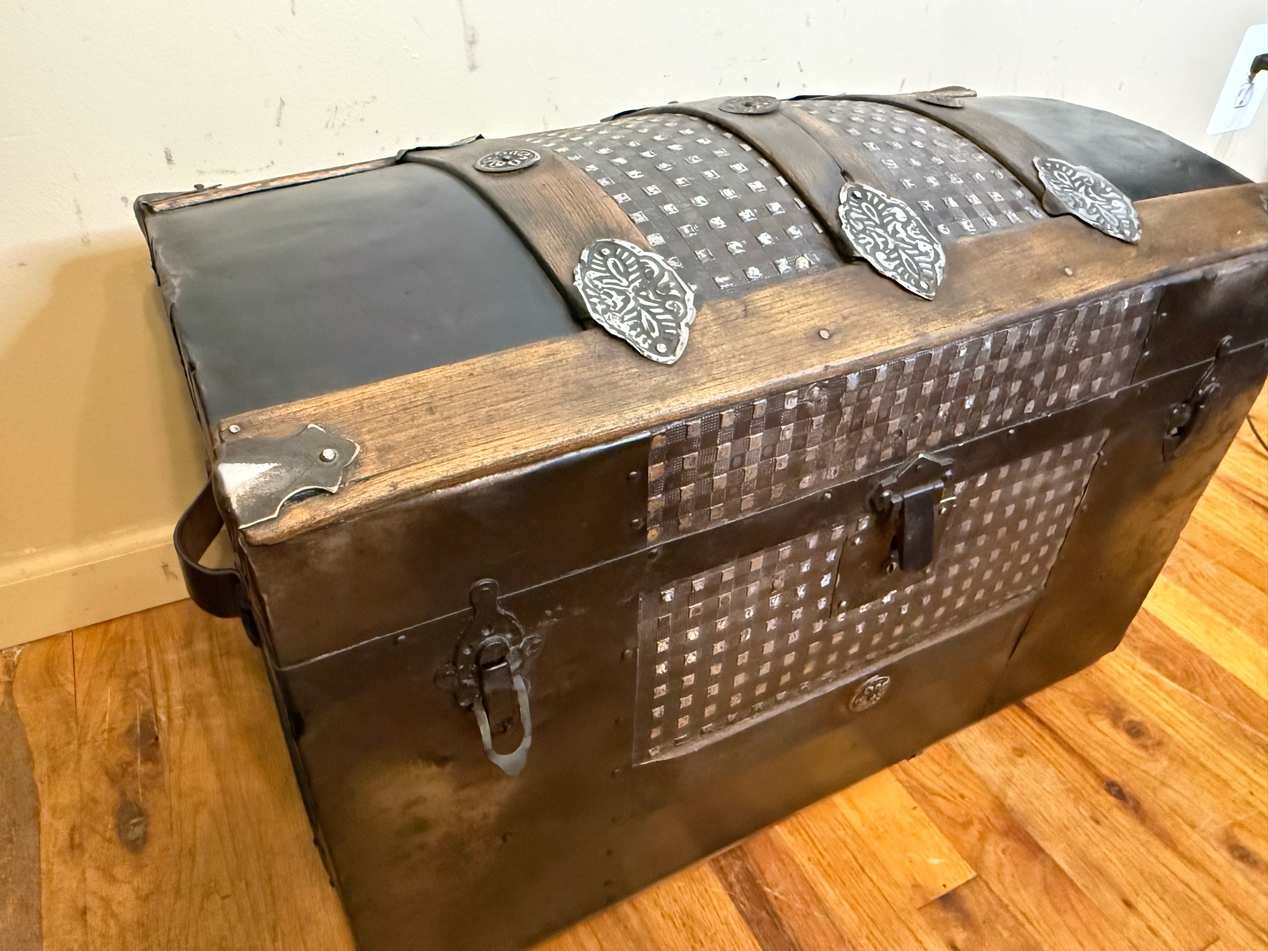 Antique tin storage chest with walnut wood trim