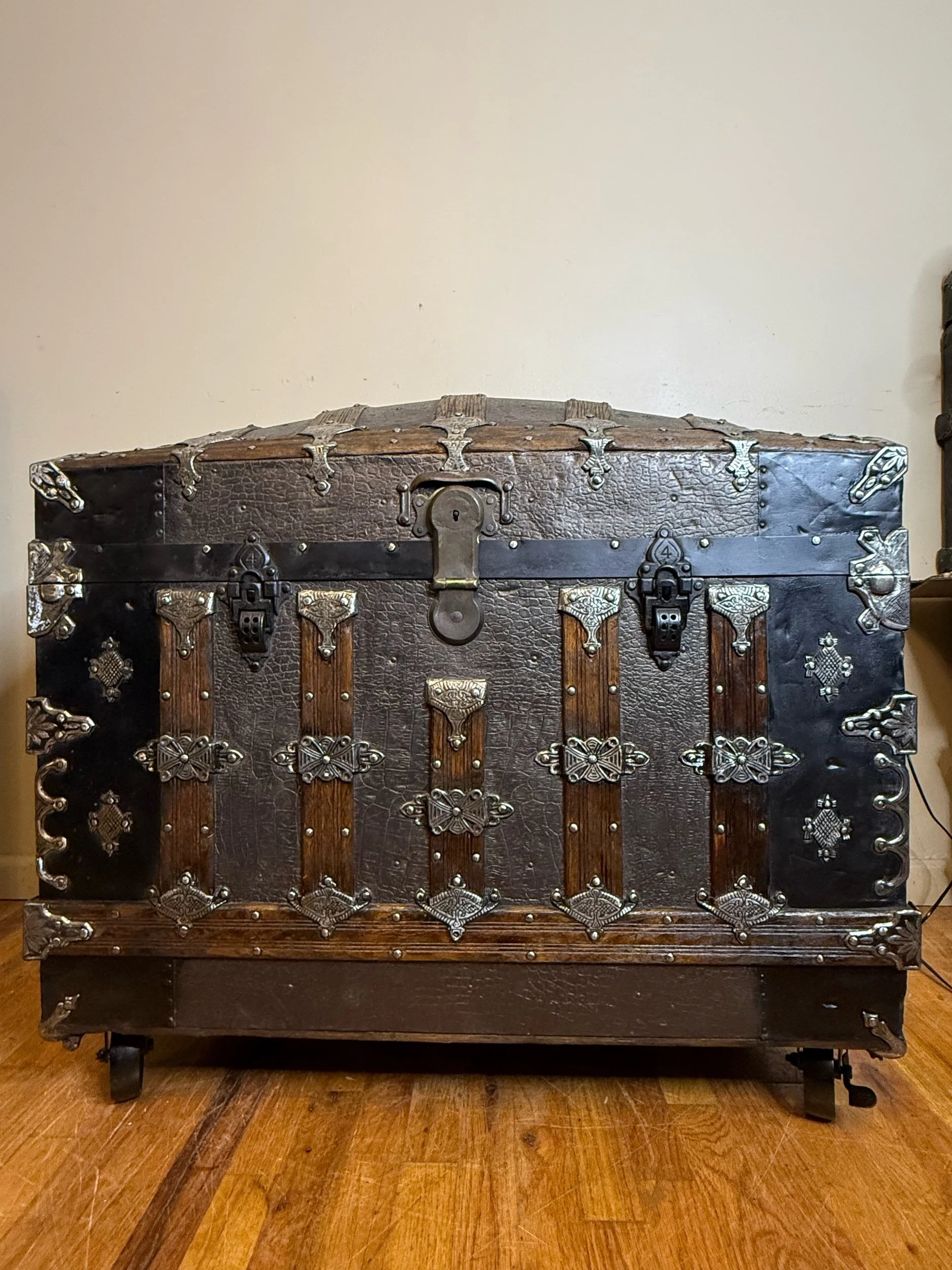 Large Victorian antique steamer trunk with crocodile embossed tin dome top