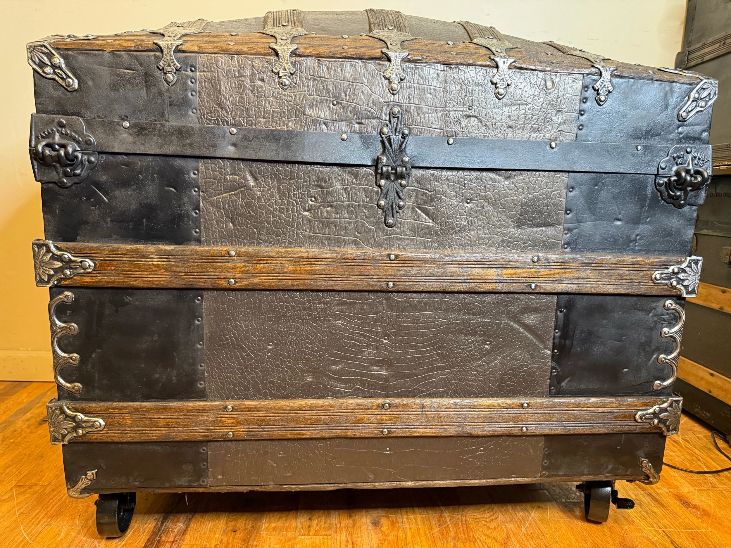 Victorian heirloom storage trunk with crocodile embossed tin