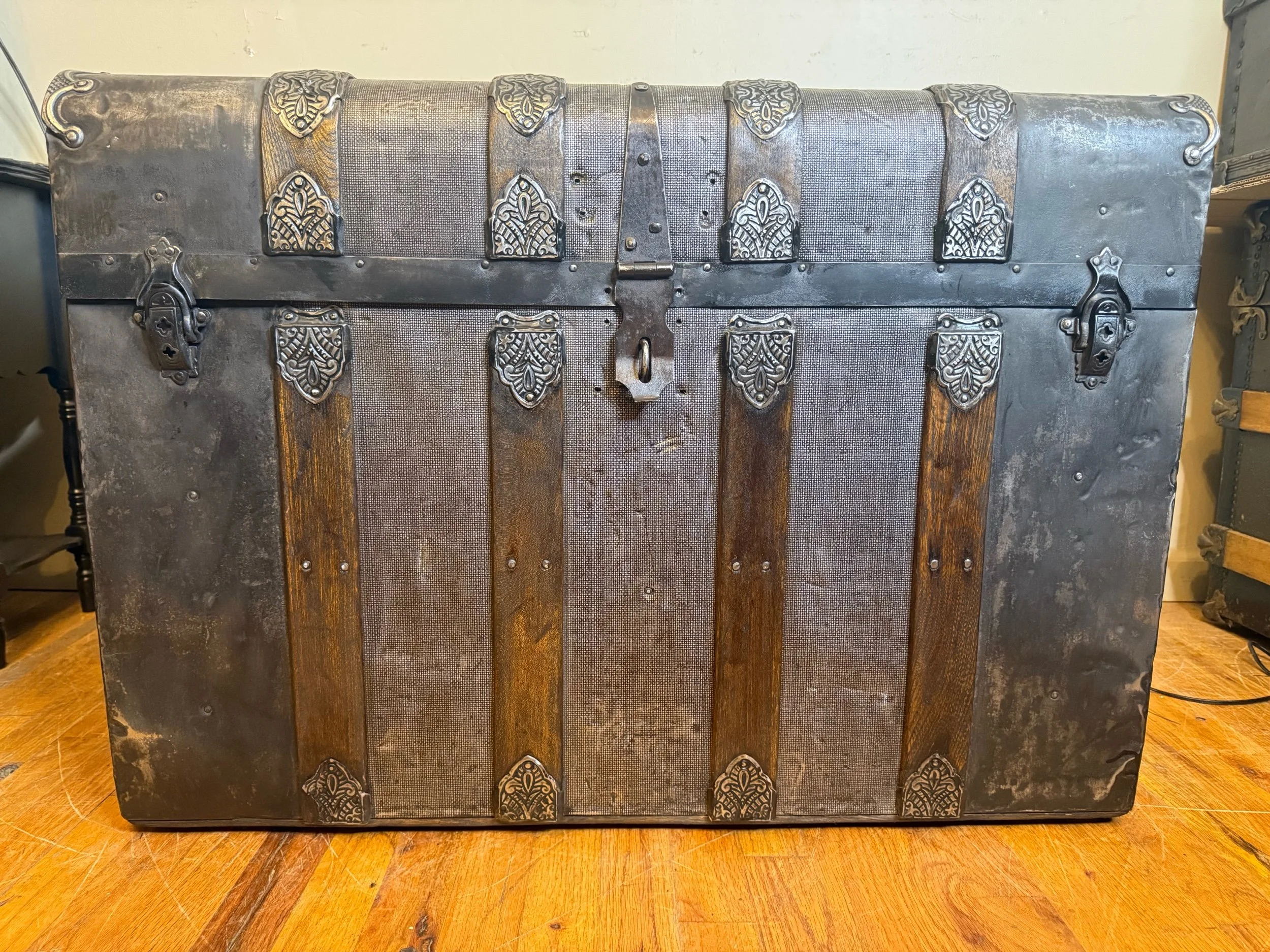 Monitor top antique steamer trunk with waterfall front