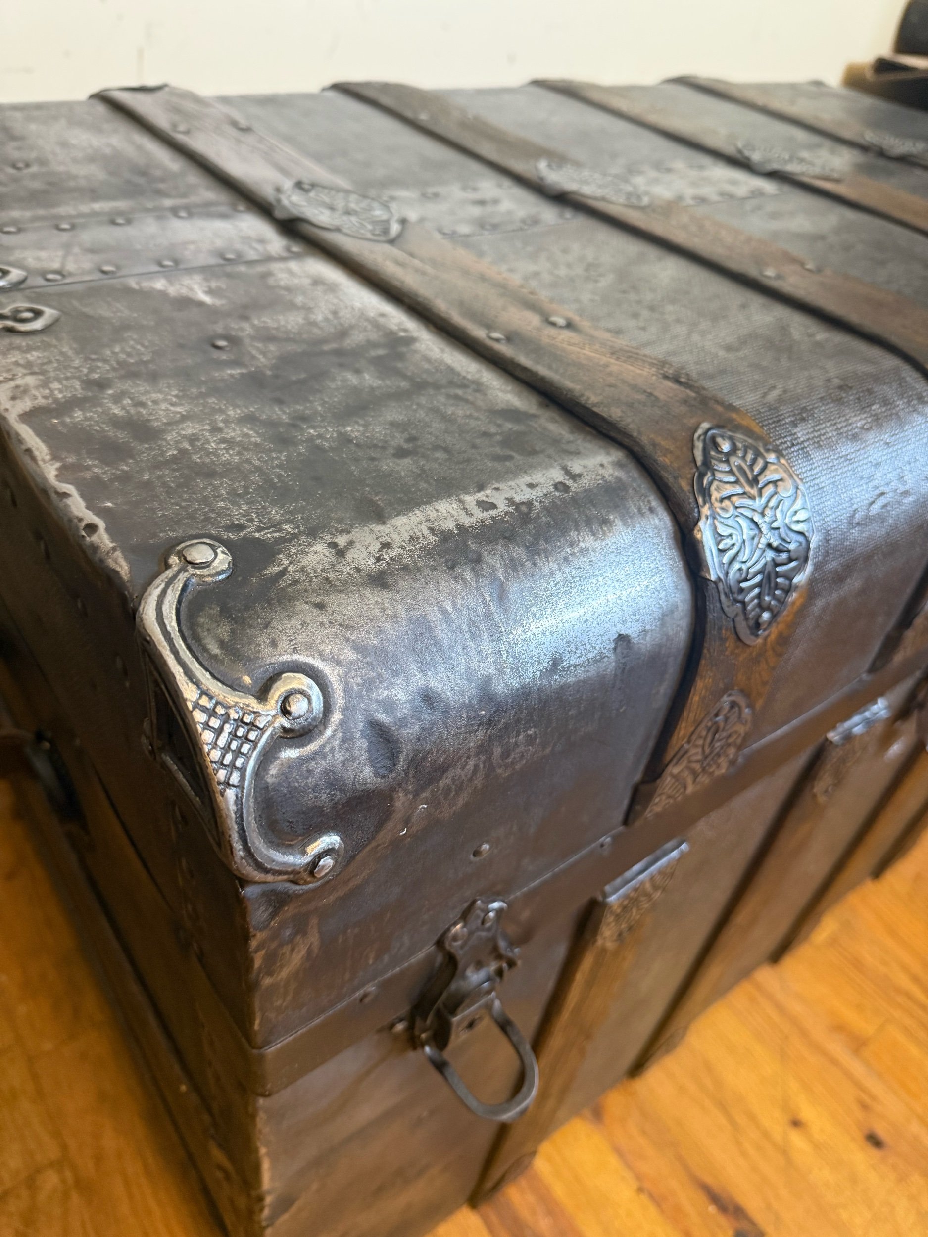 Character wood on restored antique steamer trunk