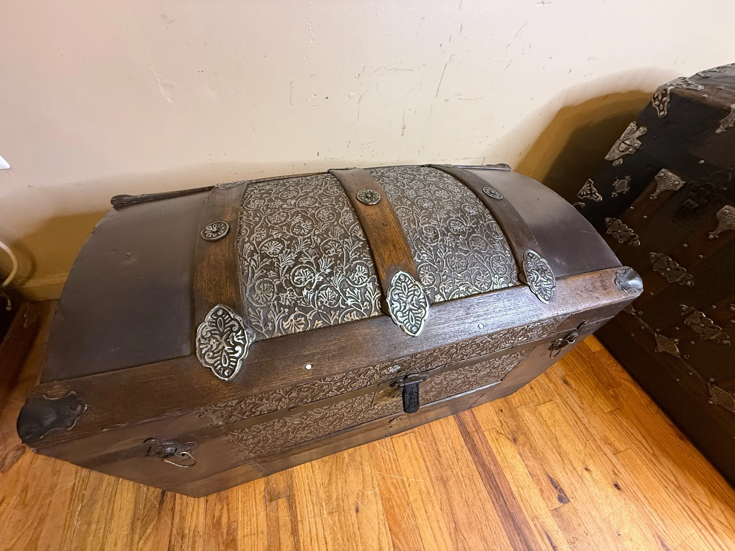 Saratoga antique steamer trunk with Victorian embossed tin dome top