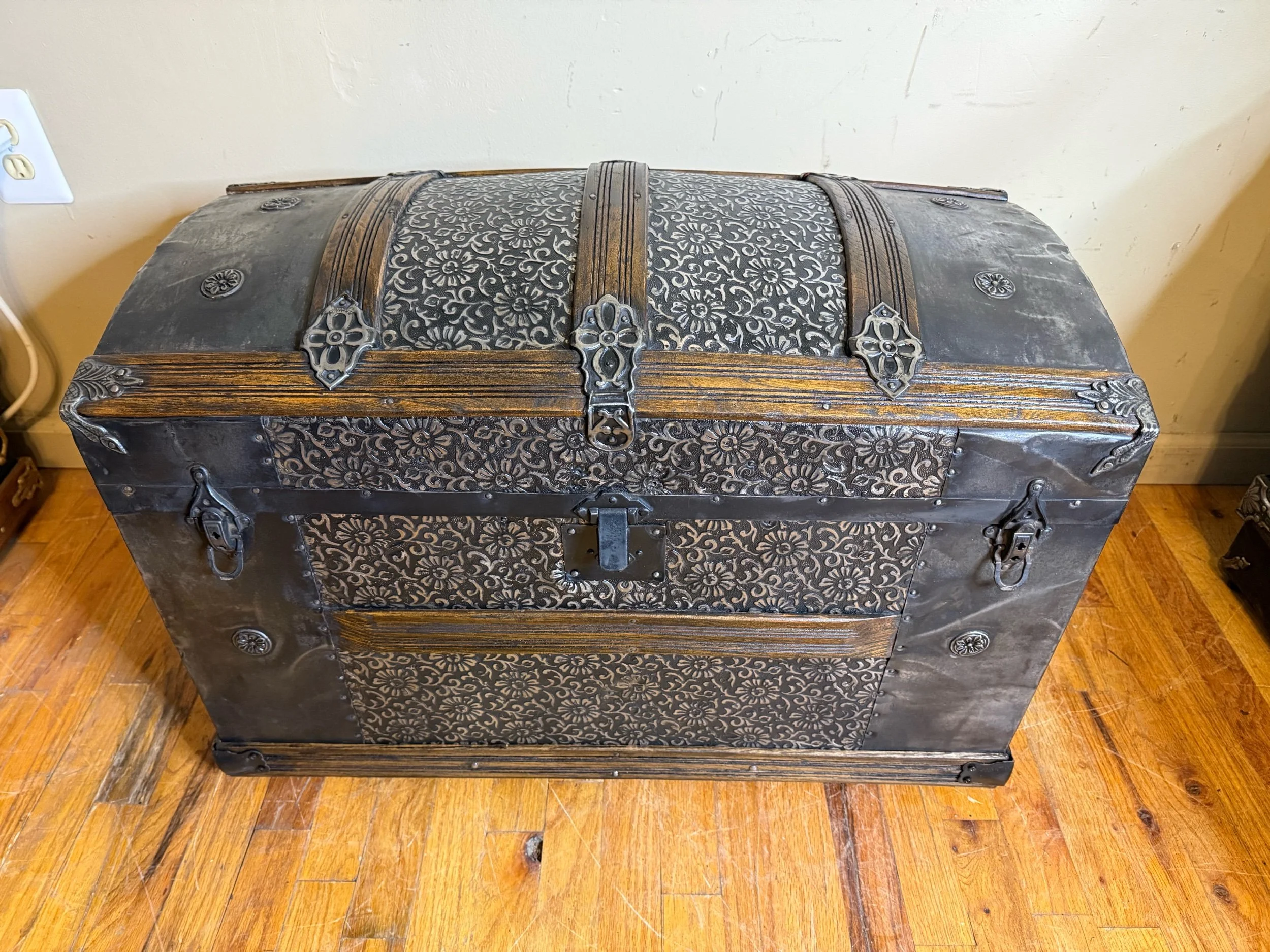 Antique Saratoga storage chest with ornate original hardware