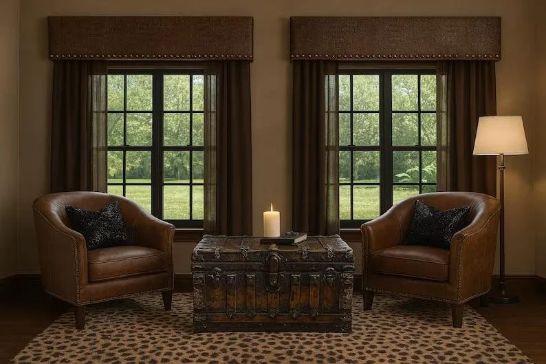 Custom-built decorative cornice board for a perfectly fitted window treatment