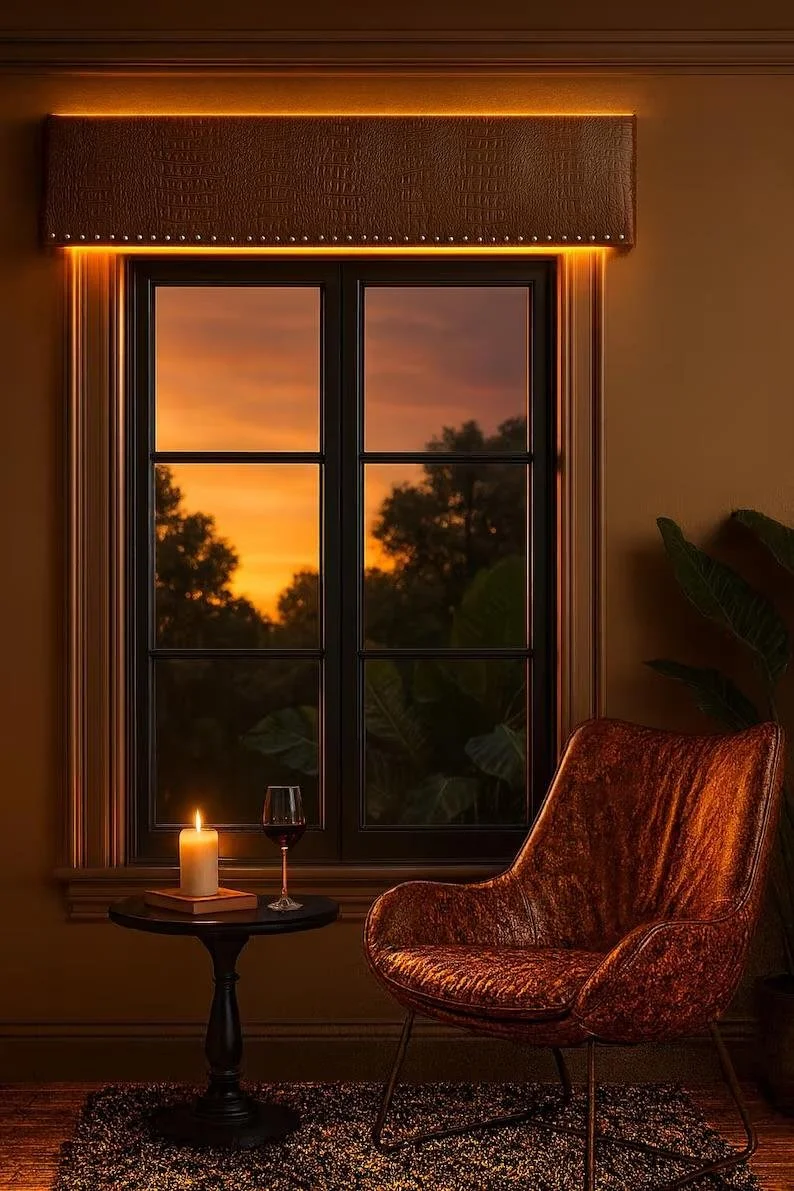 Decorative fabric-covered cornice board tailored to custom window dimensions