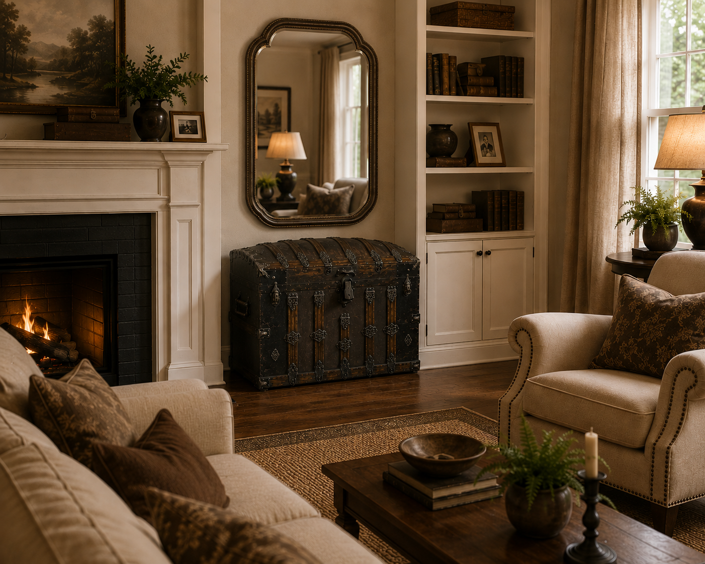 Antique dome top travel trunk styled in cozy living room near fireplace