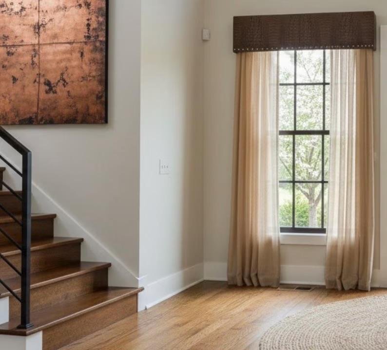 Professional quality handcrafted window valance in a custom length, bespoke-tailored in the Angelina Nikon studio for a perfect window fit.