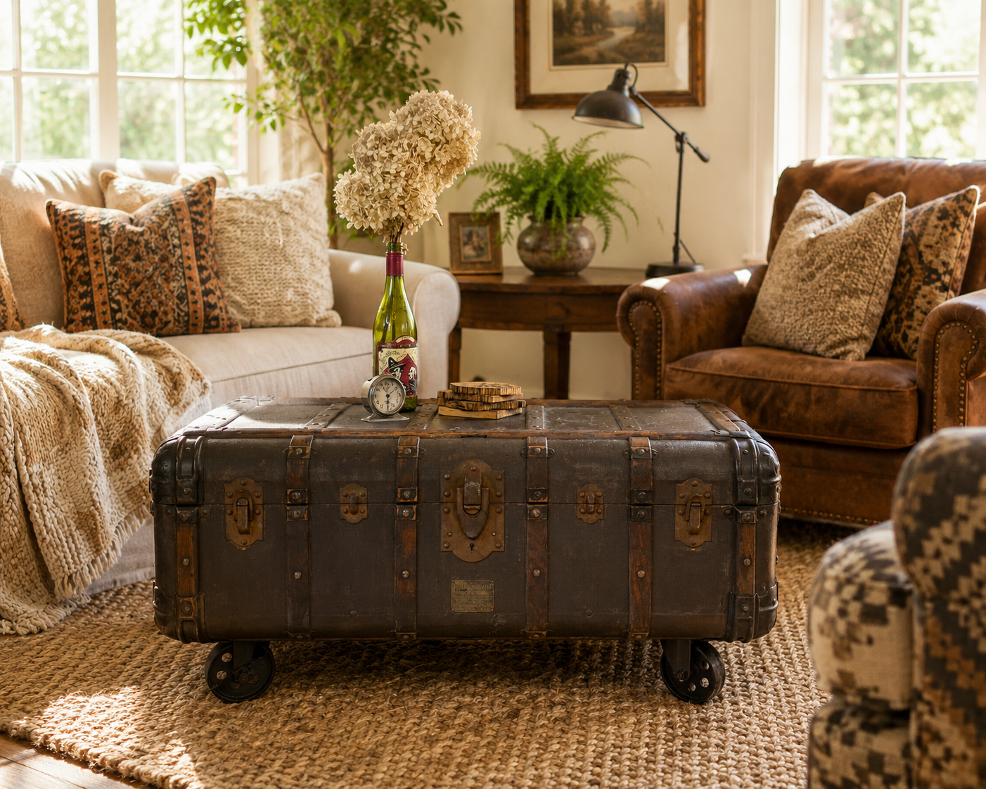 Restored Indestructo Steamer Trunk Coffee Table – Industrial Chest with 4" Steel Wheels | Angelina Nikon