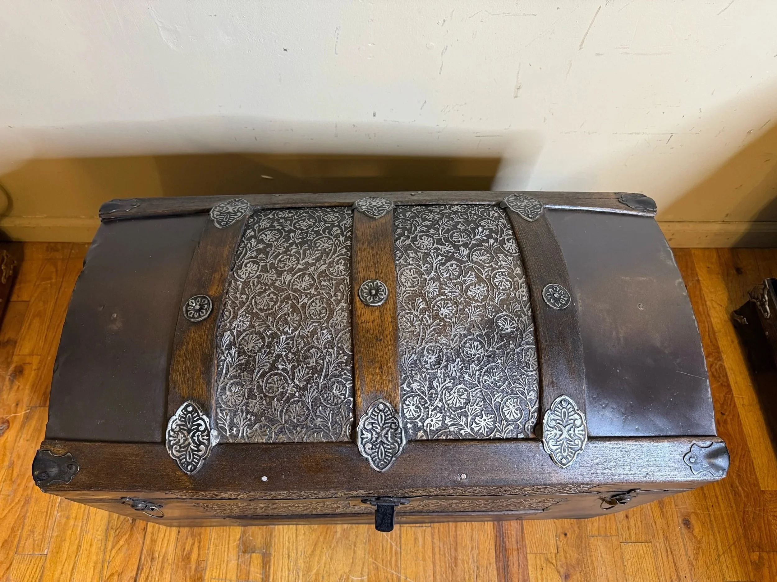 Embossed tin Victorian trunk with walnut stained oak slats