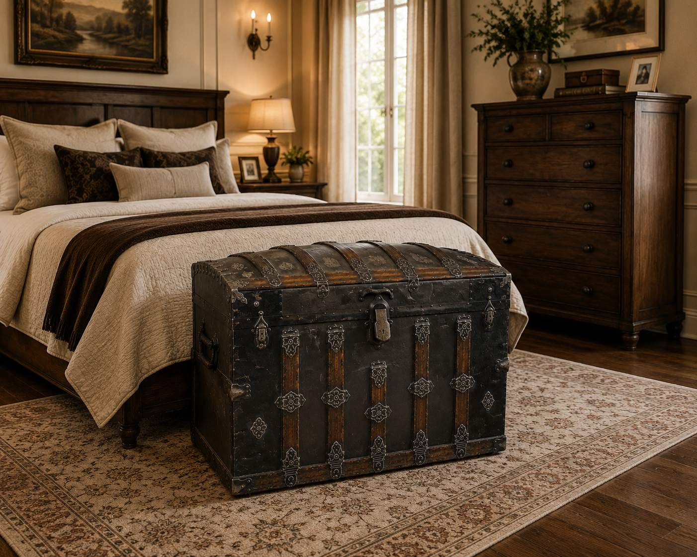 Victorian dome top steamer trunk at foot of bed in warm master bedroom