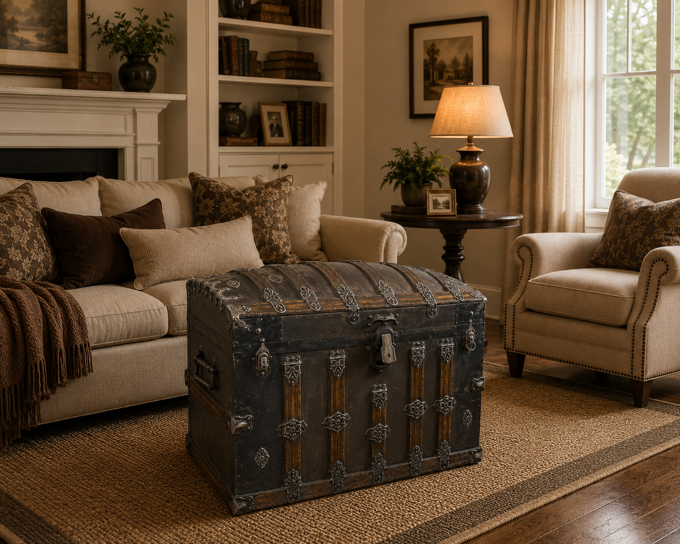 Antique dome top travel trunk styled in cozy living room