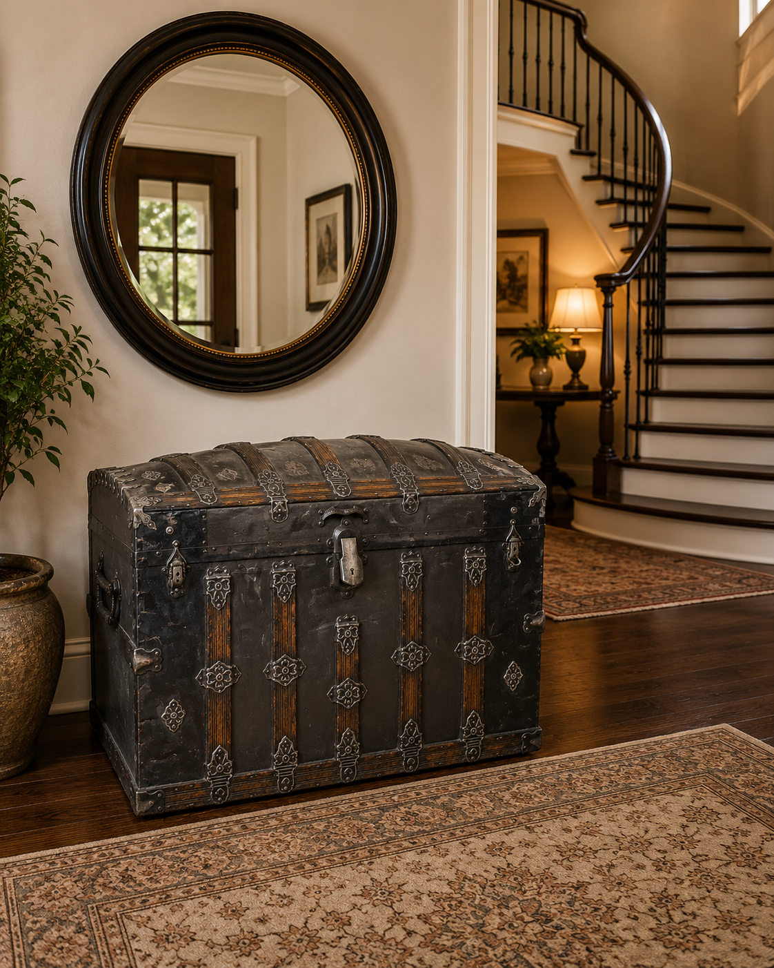 Antique dome top steamer trunk in elegant entryway with mirror and staircase