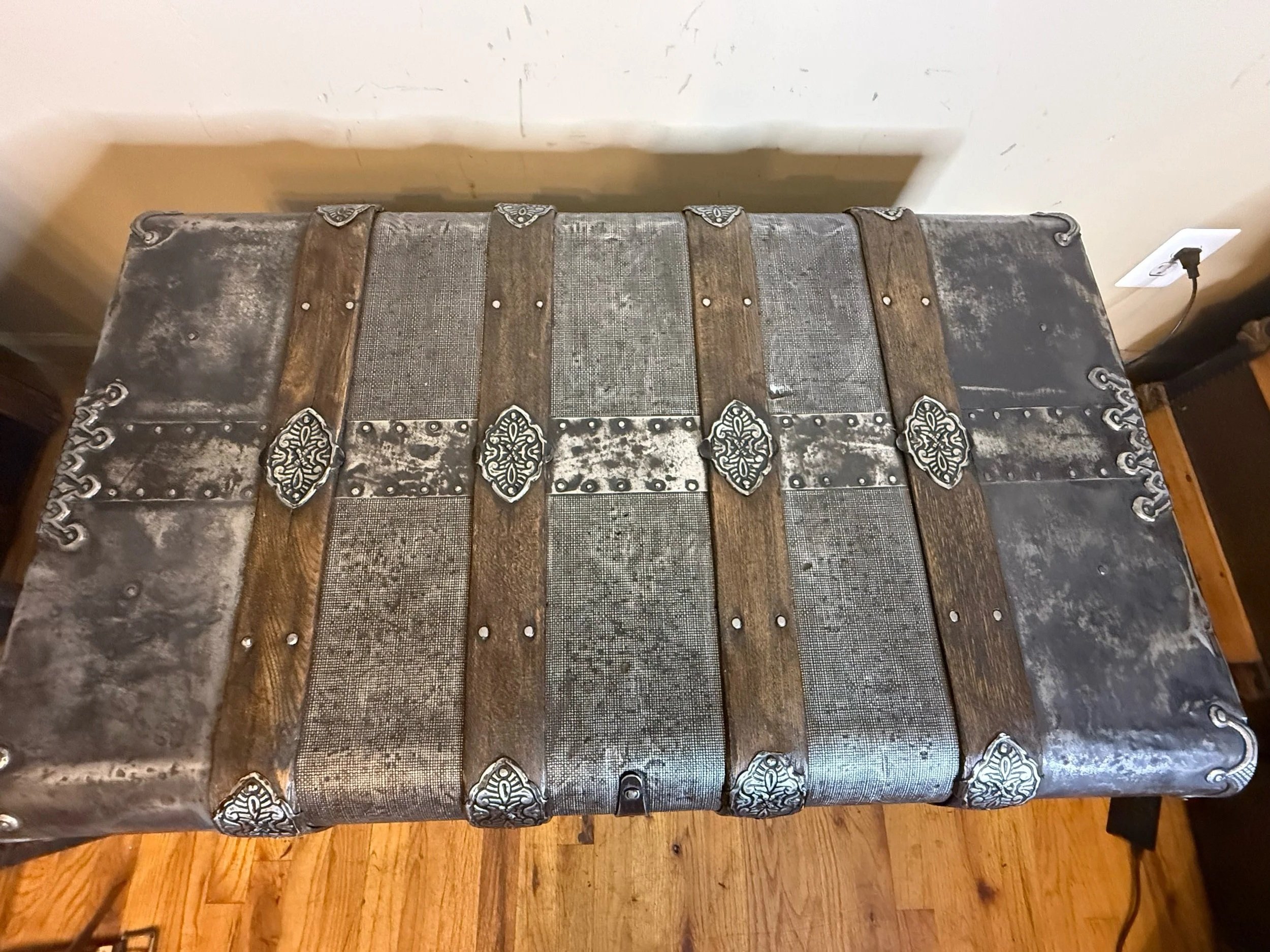 Antique trunk coffee table with flat usable top