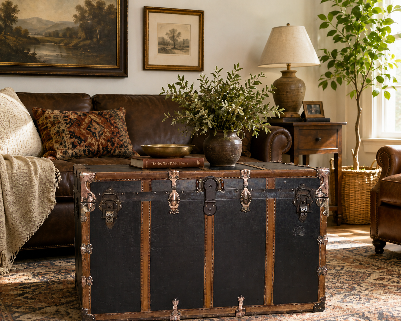 Huge 41" Antique Steamer Trunk Coffee Table – Oversized Leather & Vinyl Storage Chest | Angelina Nikon
