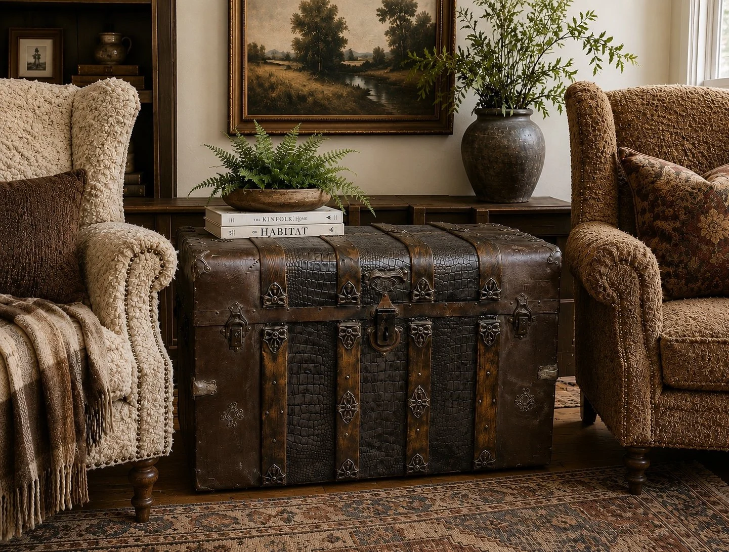 Coffee steamer trunk with rare crocodile embossed tin.