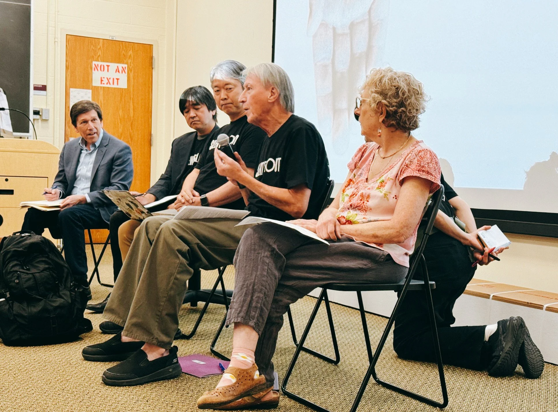 Gwen (Pres. Chesapeake PSR), Max (Nonviolent Cntr), and Prof. Kuznick in Towson Univ.