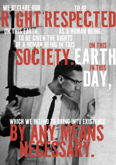 Malcolm X By Any Means Necessary 1 of 3 Typography Cover - Using a rifle sticking up as a stand contrast to the red rough typeface.