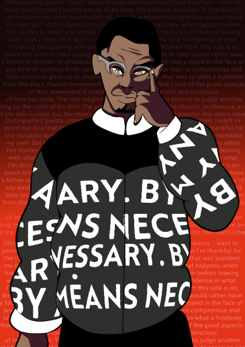 Malcolm X By Any Means Necessary 2 of 3 Typography Cover - More digitally illustrative approach to Malcolm with a stylish puffy coat that plays around the wording.