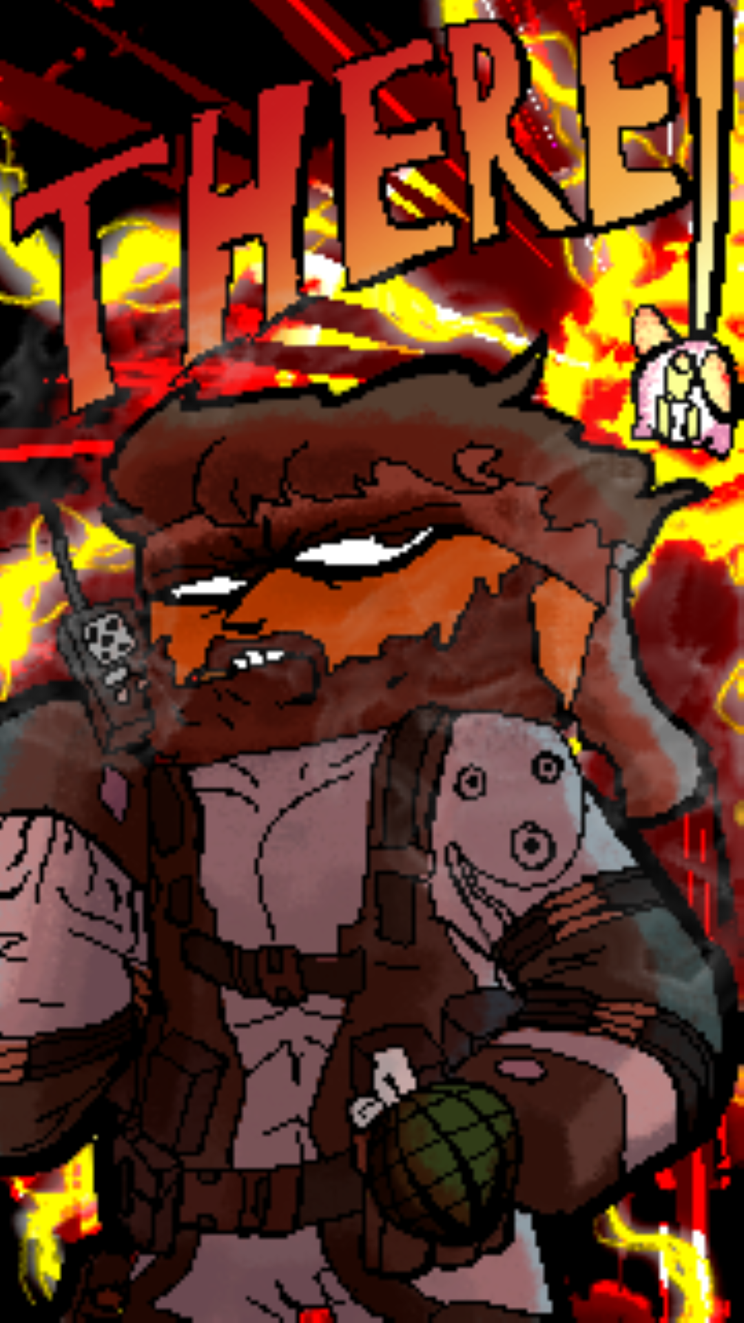 A commission for a local friend who plays two video game characters. Pixelated graphic style with dynamic rendering and explosive background.